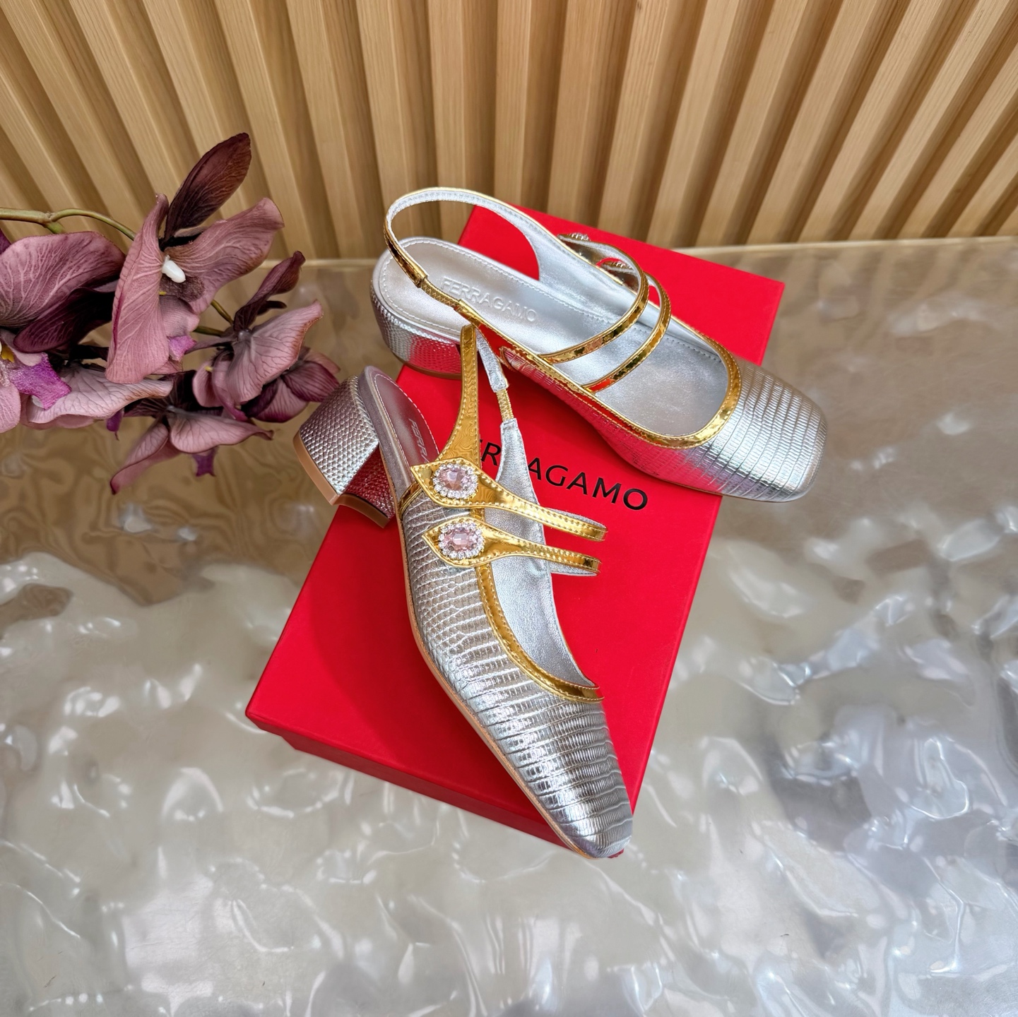 Ferragamo Silver Leather Slingback