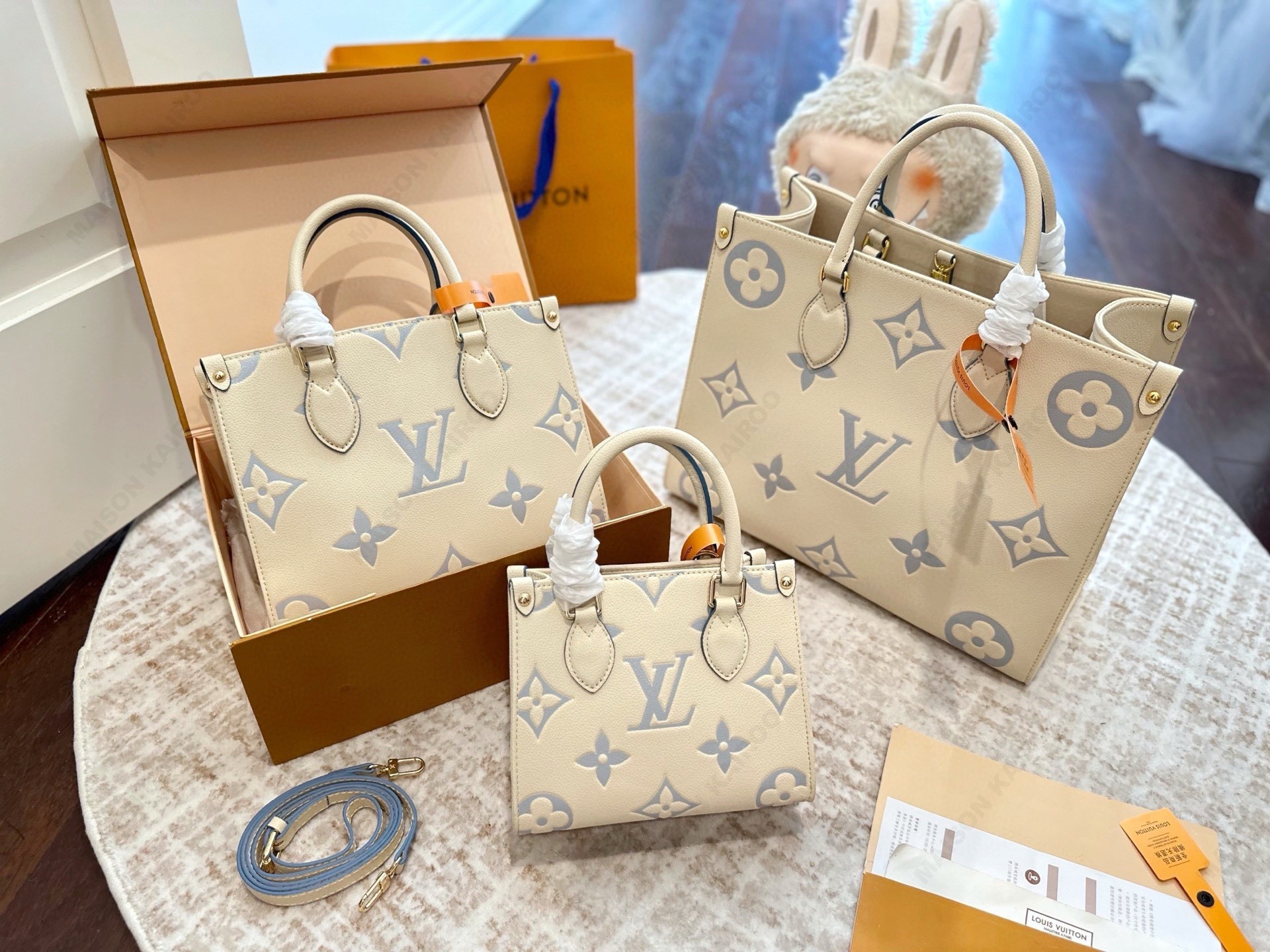 Louis Vuitton LV OnTheGo BB/PM/MM Cream Blue Giant Monogram Empreinte Leather Top Handle Tote Bag - KAIROO