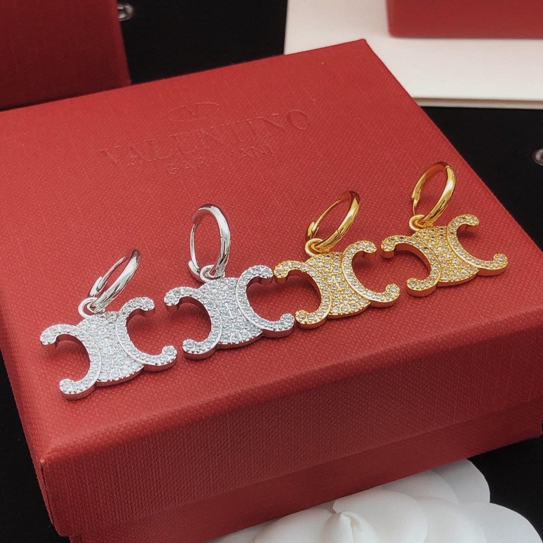 Celine Evening Jewellery Finish Brass Micro Pave Crystal Triomphe Logo Motif Hoop Earrings - KAIROO