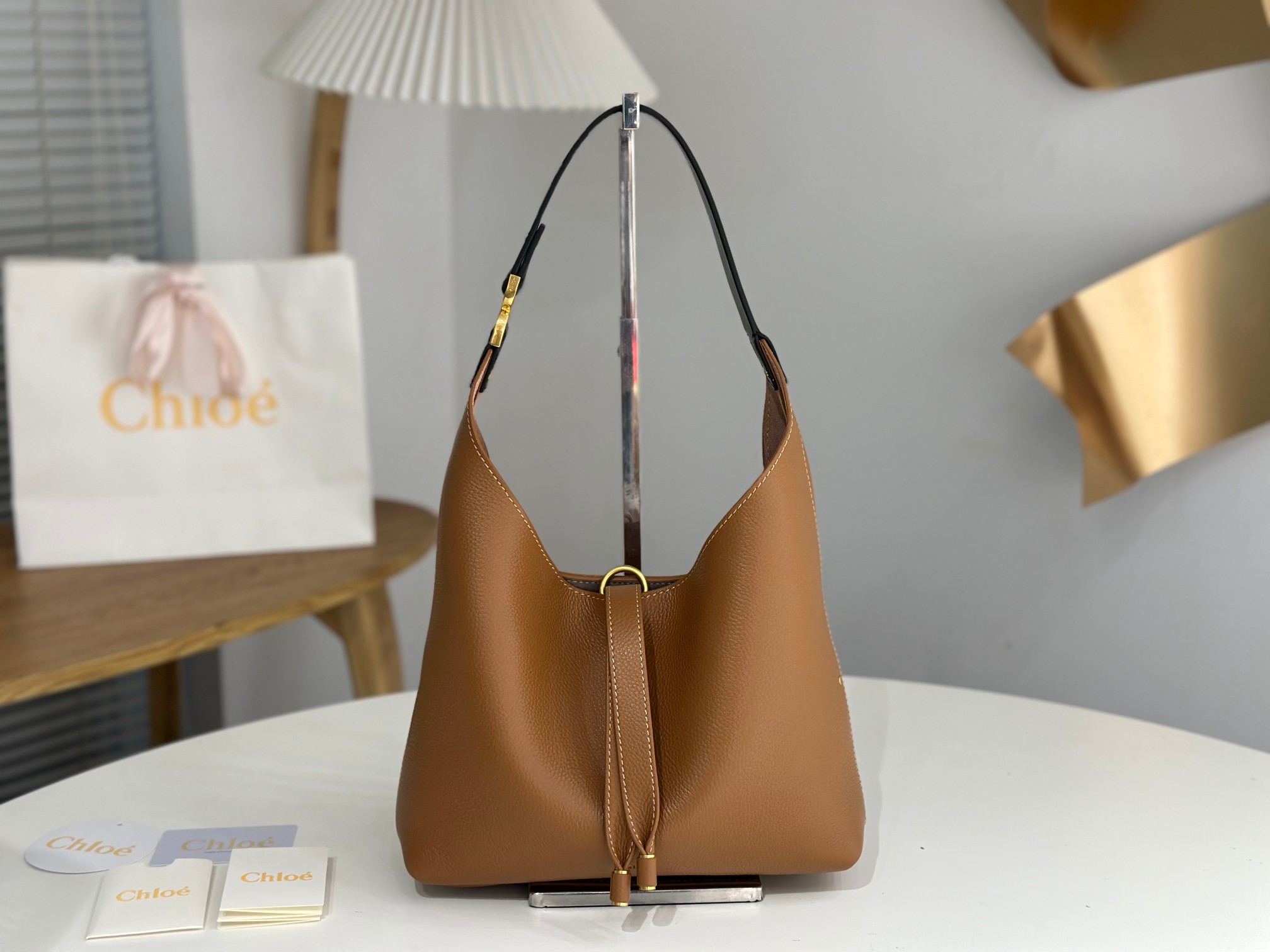Chloe Small Marcie Hobo Bag in Grained Leather-Camel
