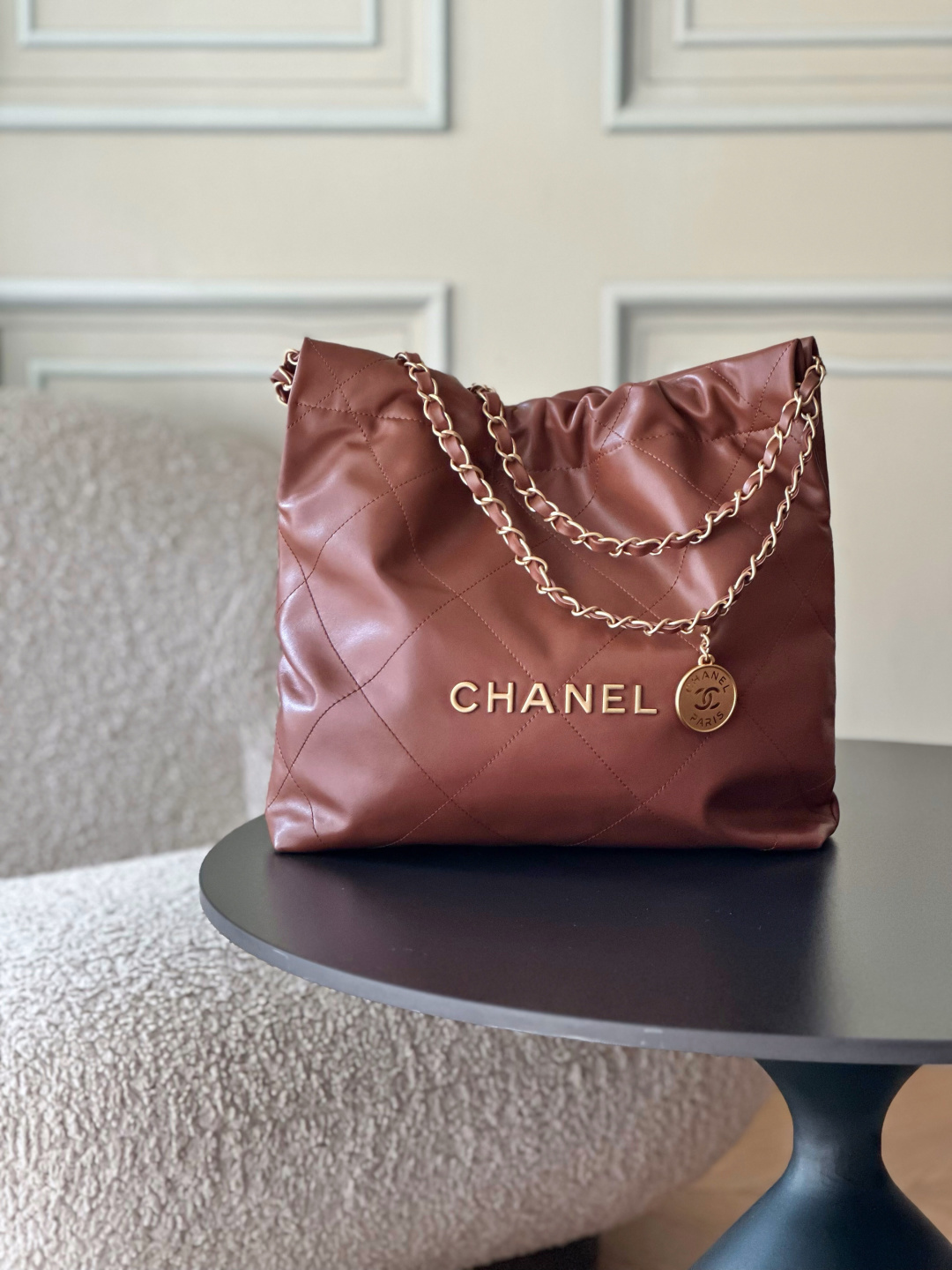 Chanel 22 Small Handbag in Brown Shiny Calfskin AS3260