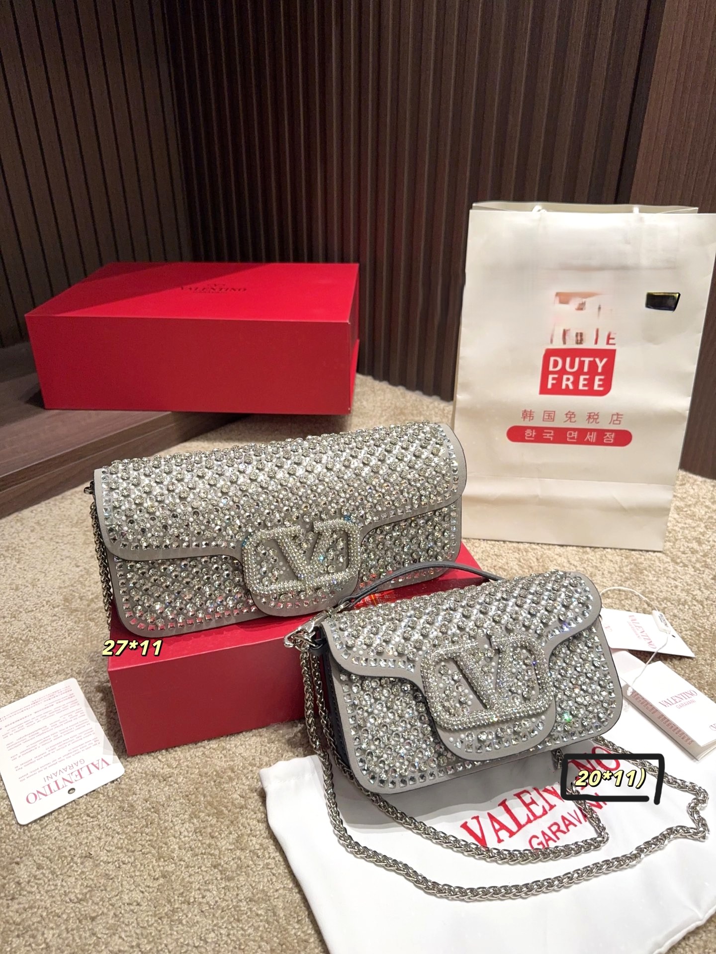 Valentino Garavani Locò Grey Suede All-over Crystal VLogo Flap Chain Rectangular Shoulder Bag - KAIROO