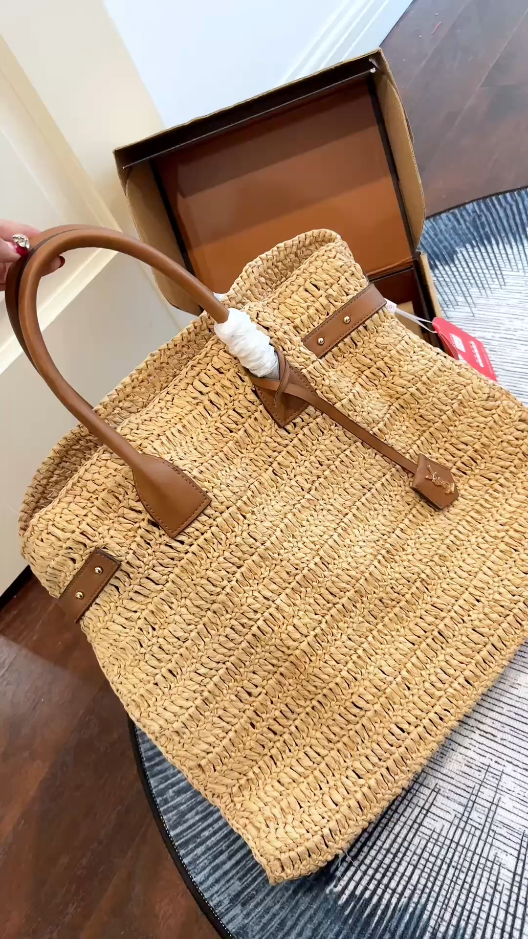 Saint Lauren YSL Large Manhattan Raffia Leather Straps Top Handle Shopping Tote Bag With Pouch - KAIROO