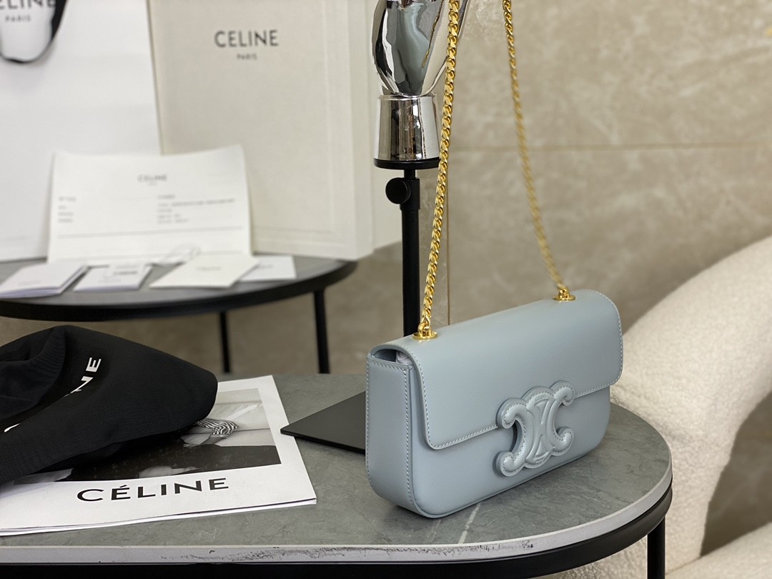 Celine Baby Blue Shiny Calfskin Horizontal Long Leather Triomphe Patch Gold Chain Bag / 15A - KAIROO