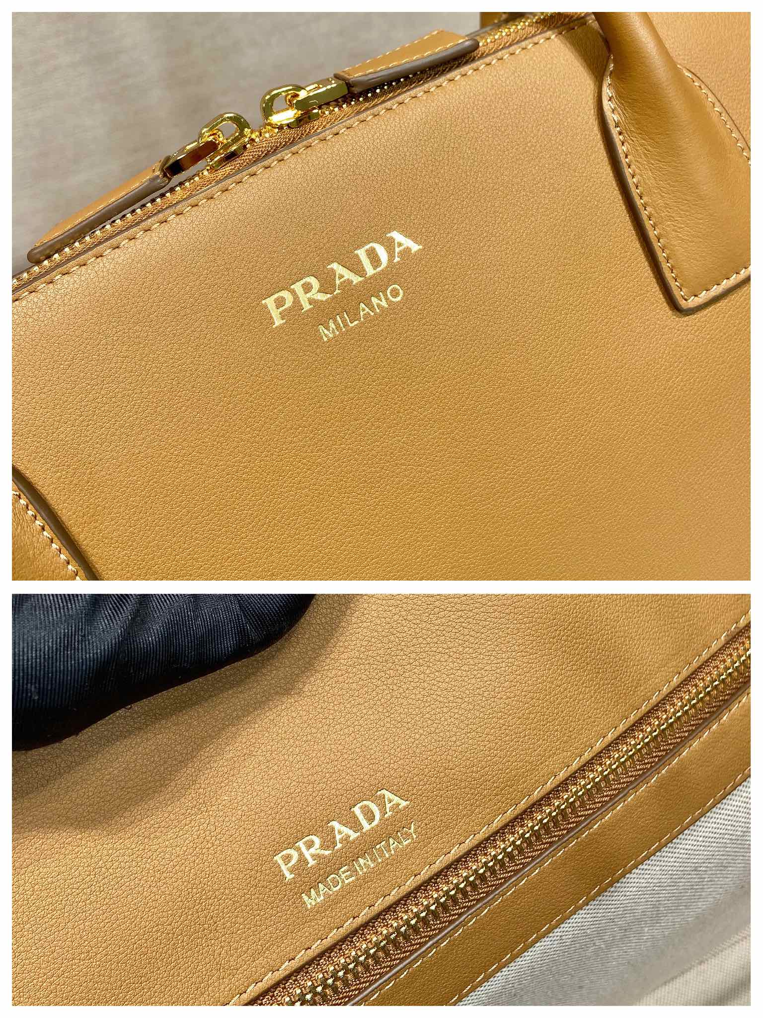 Prada LARGER TOTE BAG 48 WITH ZIPPER CLOSURE IN CIDER BROWN SMOOTH CALFSKIN