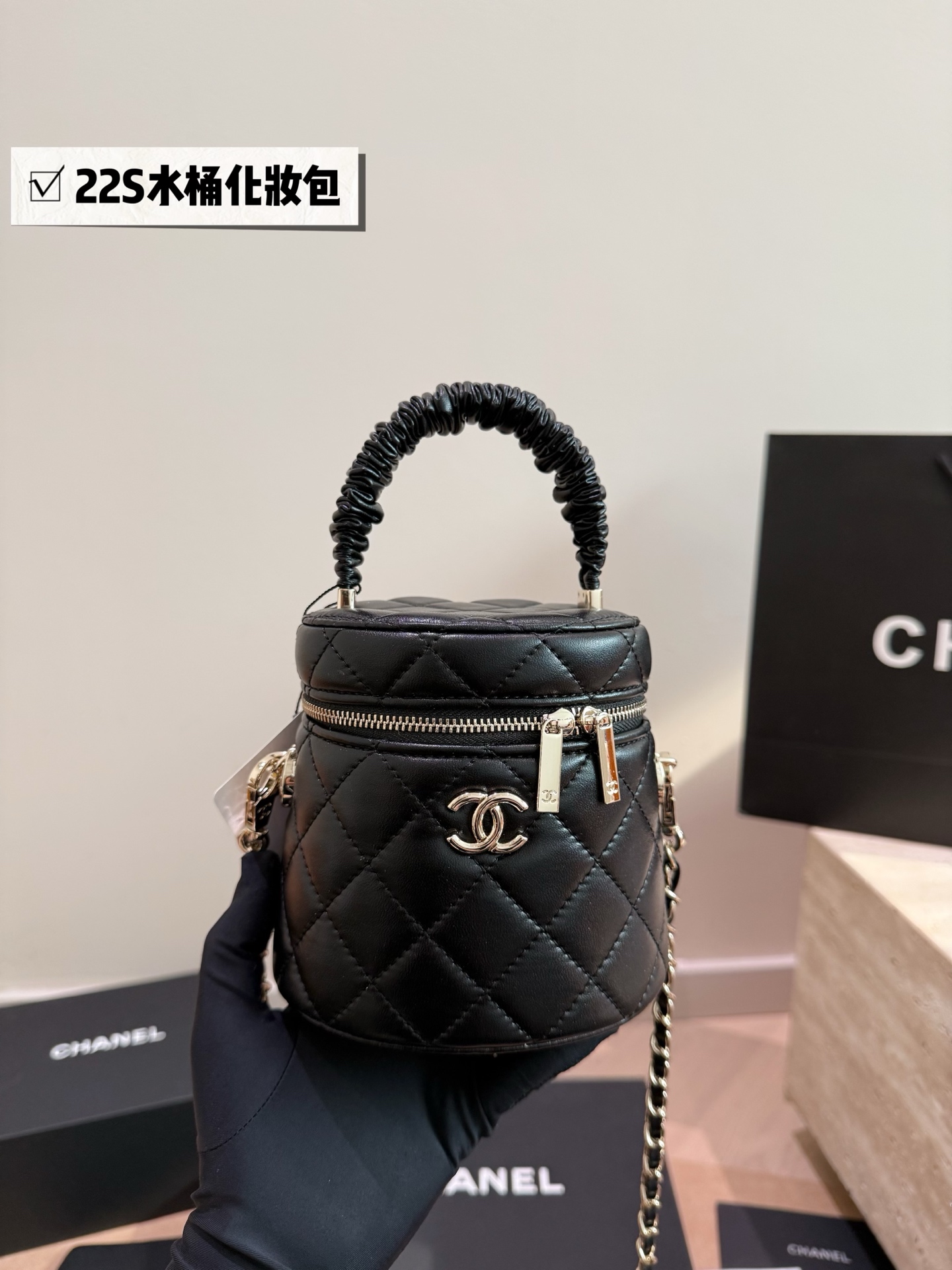 Chanel Ruched Handle Bucket Vanity Diamond Quilted Leather Mini Cosmetic Bag - KAIROO