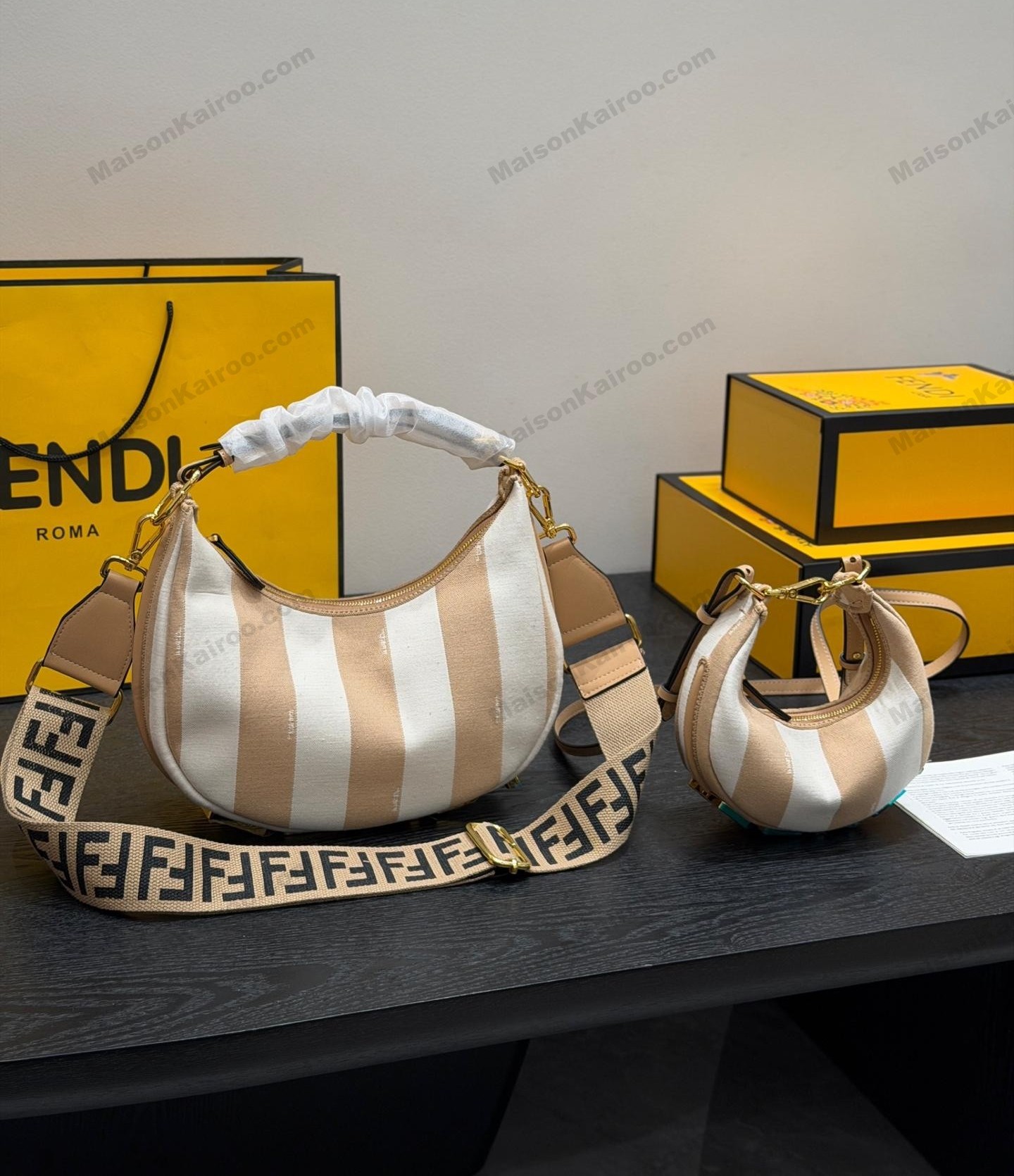 Fendi Fendigraphy FF Mini & Small Camel White Vertical Stripe Canvas Bottom Logo Shoulder Bag - KAIROO