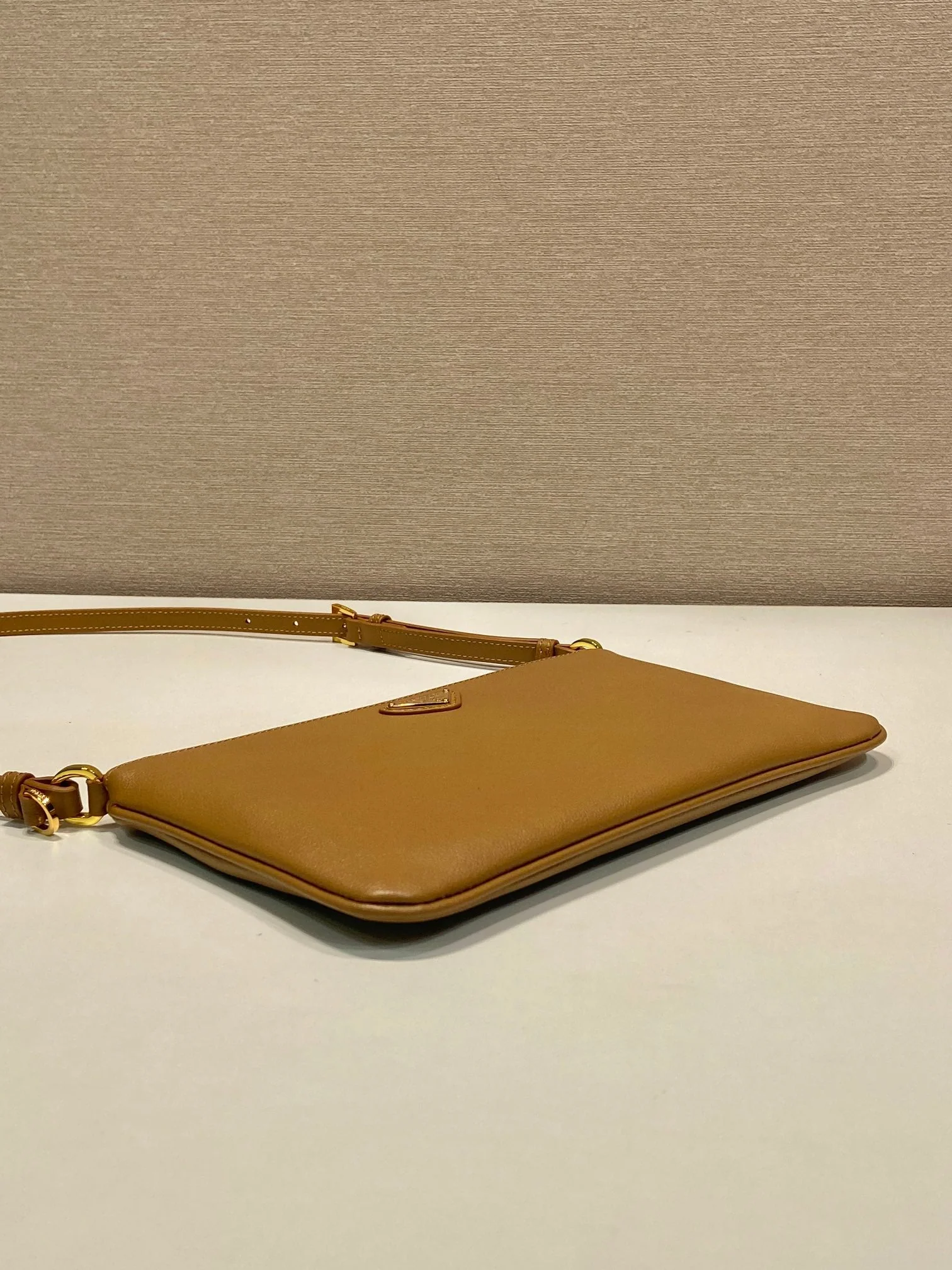 Prada TRIANGLE LOGO SHOULDER BAG 24 IN PEANUT BROWN SMOOTH CALFSKIN