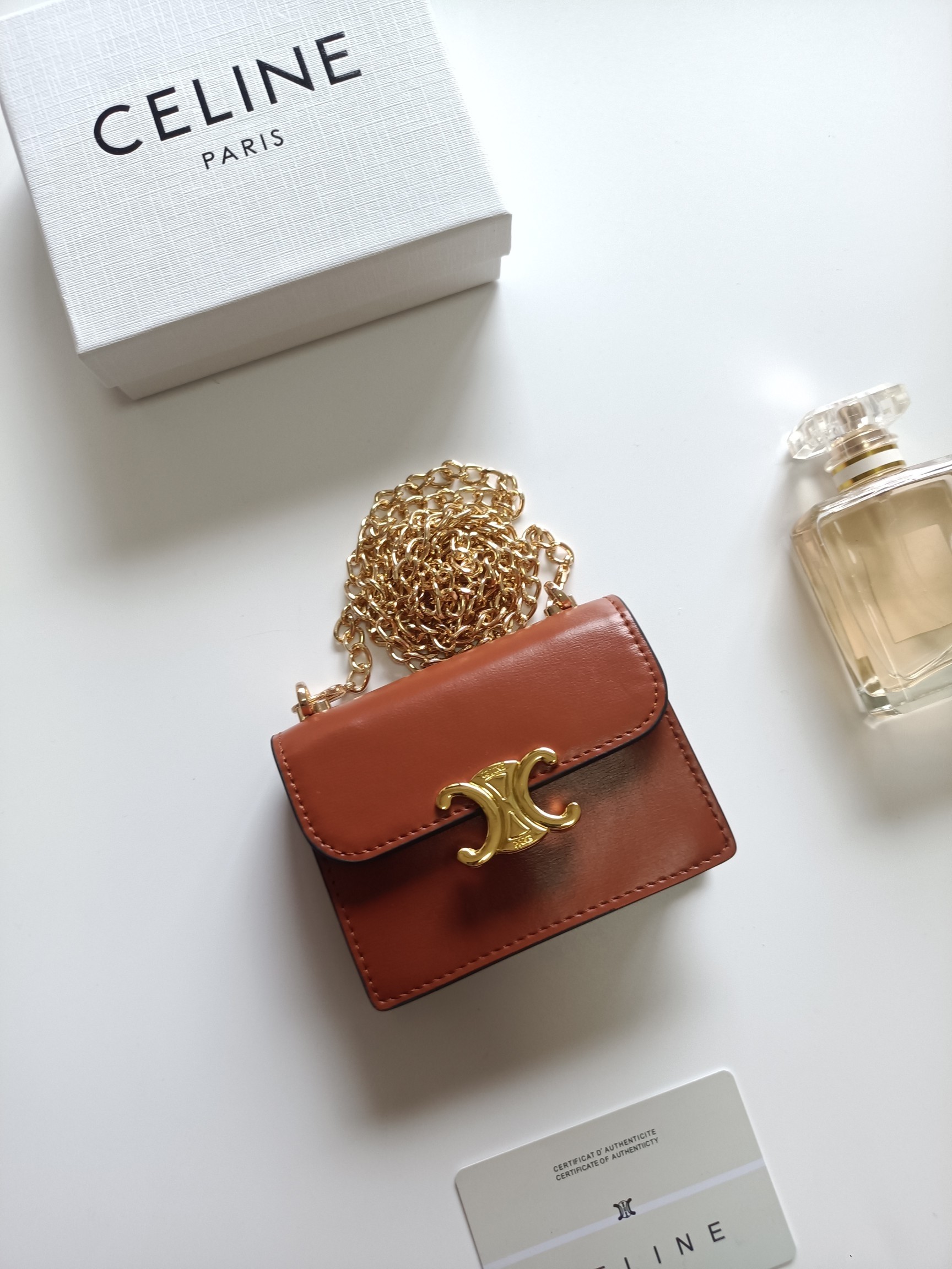Celine Mini Leather Triomphe Gold Chain Box Crossbody Bag &  Wallet - KAIROO