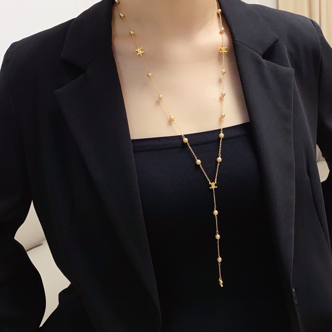 Celine Gold Finish Triomphe Logo Station Y-Shape Pearl Long Necklace - KAIROO