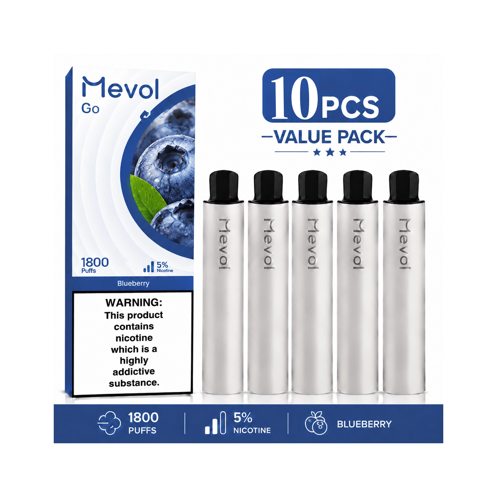 10Pcs Mevol Go 1800 Puffs 5% 5.2ml