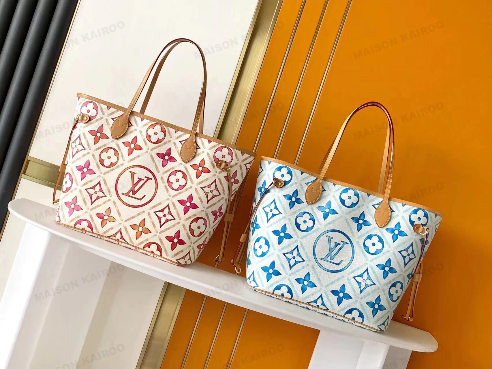 Louis Vuitton LV Neverfull MM Watercolor Giant Tile Print Monogram Canvas Tote Top Handle Bag With Pouch - KAIROO