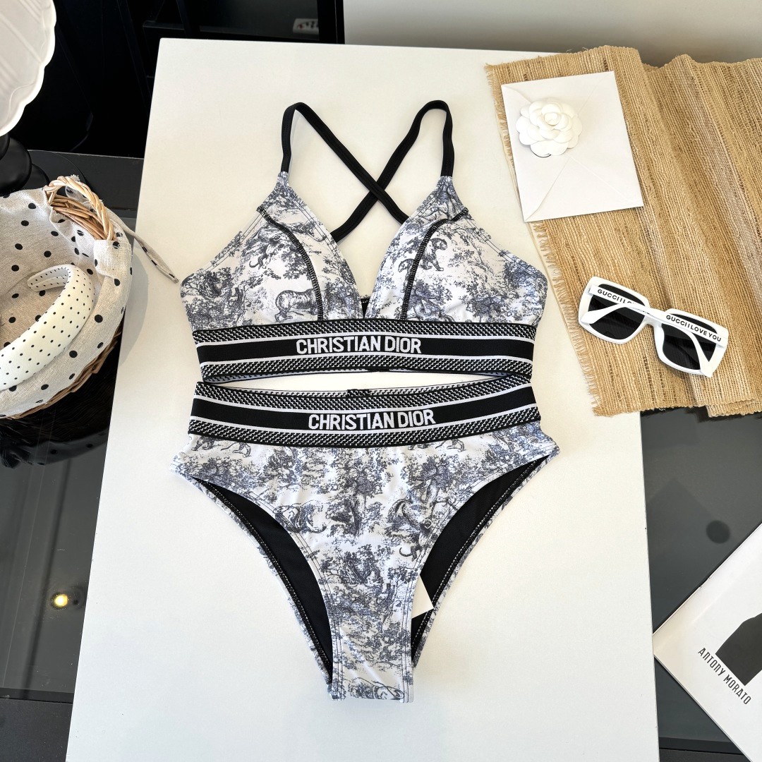 Dior Toile de Jouy Print Crisscross Straps Logo Tape Two-Piece Swimsuit - KAIROO