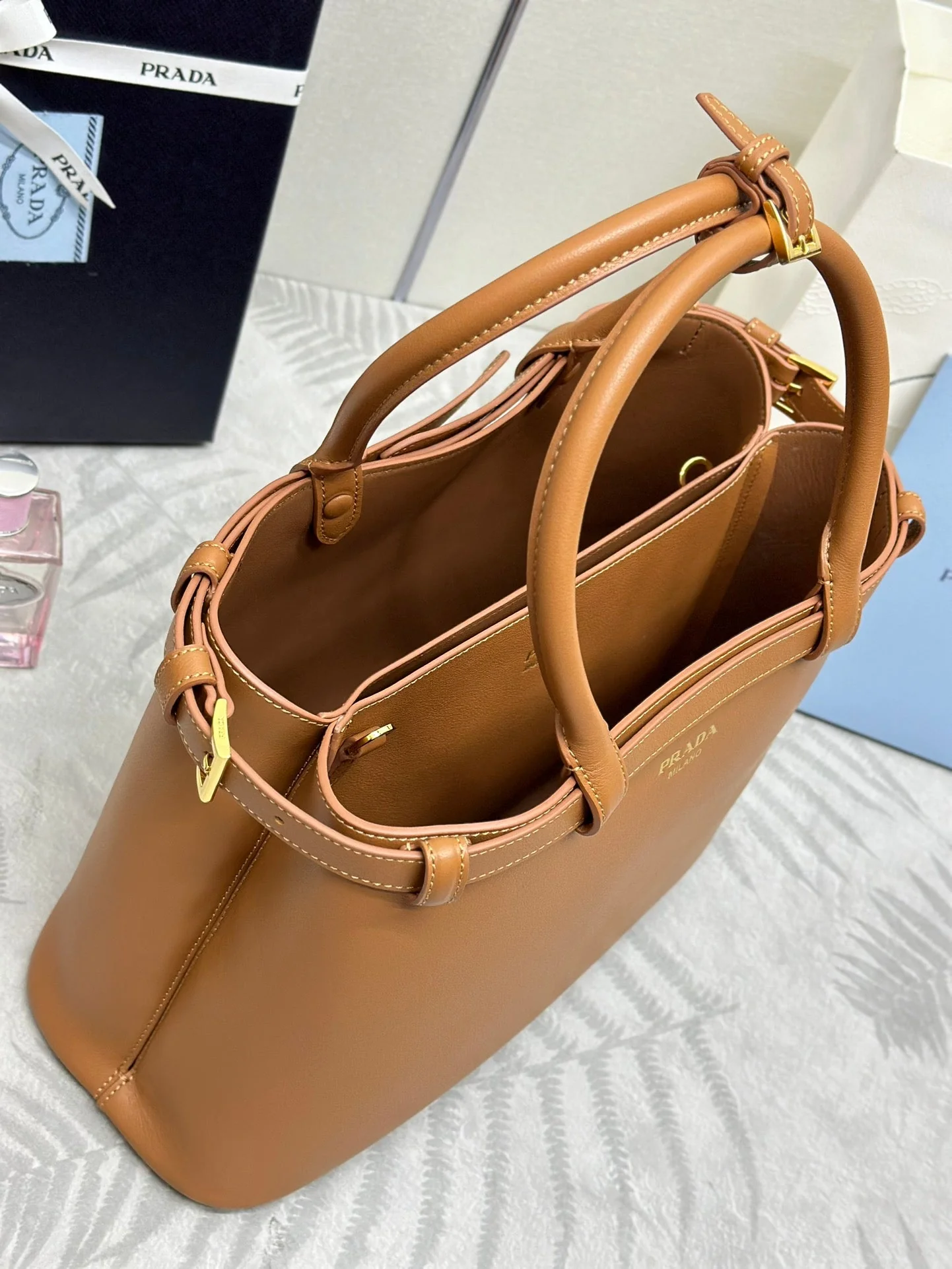 Prada Buckle Tote Bag 35cm Brown Cowhide