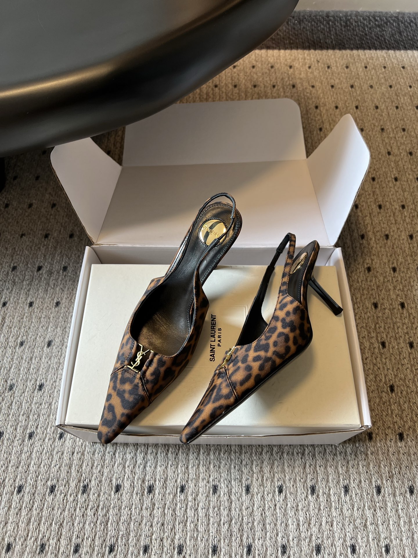 Saint Laurent Paris Pointed Toe Smooth/Suede/Oil Wax Leather/Leopard YSL Logo Slingback Heel Sandals - KAIROO