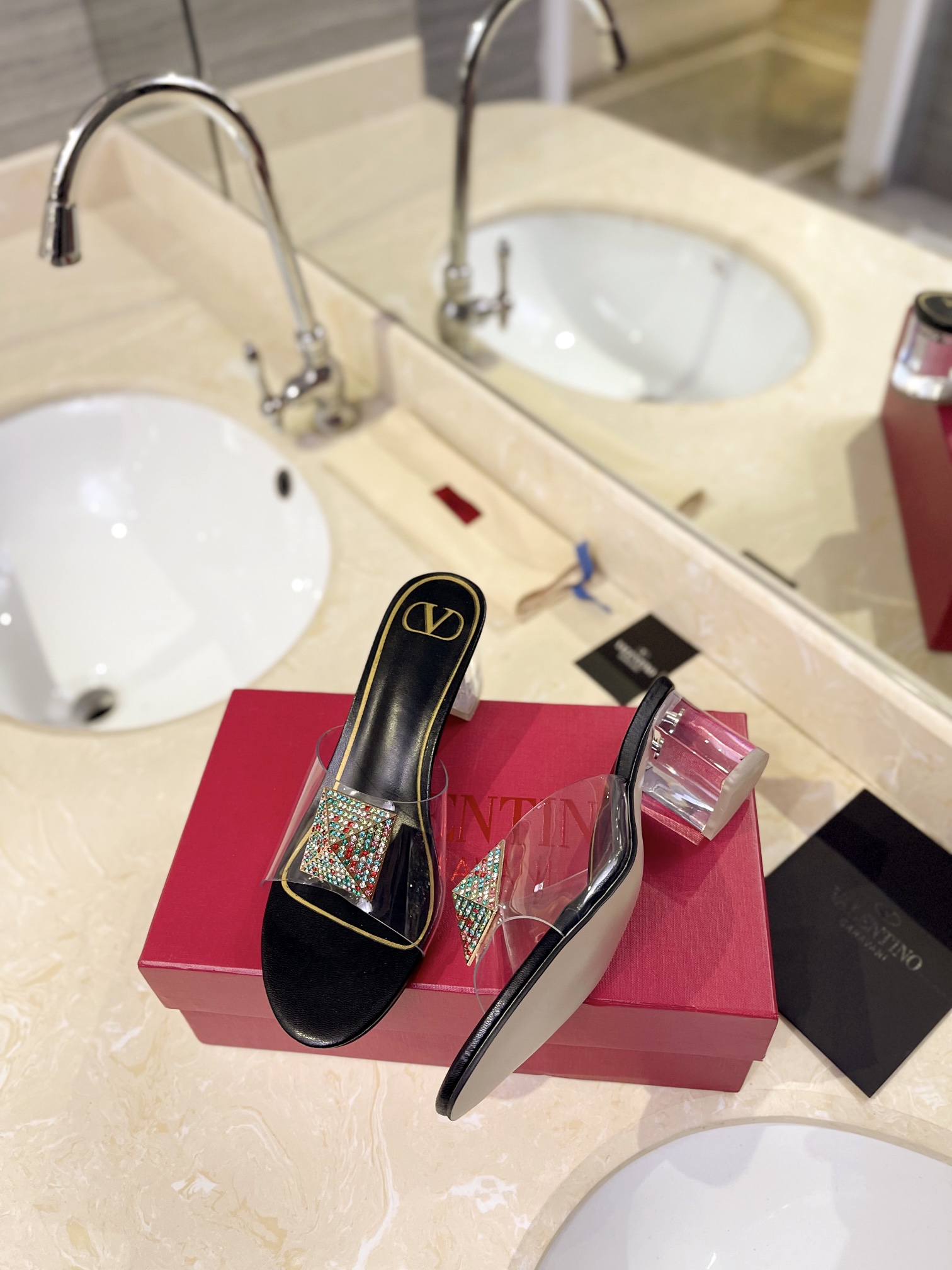 Valentino Rockstud Spike Black Leather Square Crystal Stud Clear PVC Strap Block Slip-on Mules Heels - KAIROO