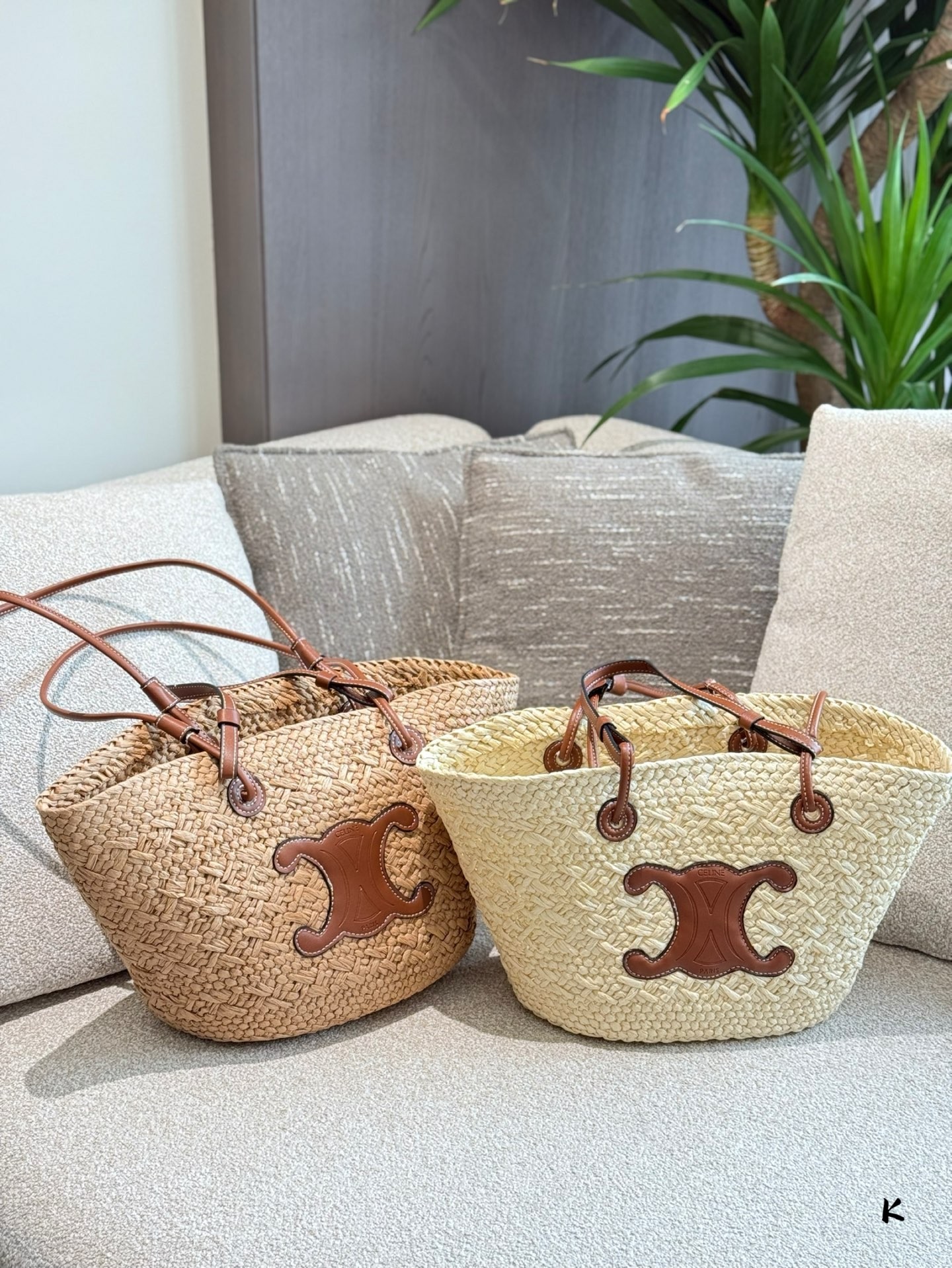 Celine Large Raffia Basket With Tan Leather Triomphe Patch Shoulder Tote Bag - KAIROO