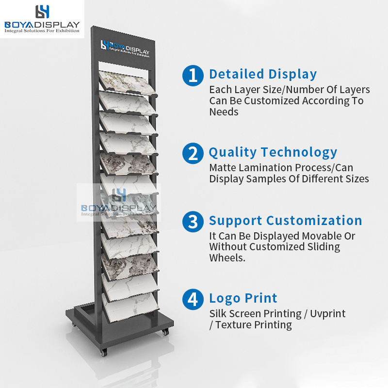 Hot Selling Customized Logo Size High-Quality Metal Material Quartz Sample Display Shelf Small Mosaic Tile Stand Rack With Wheel