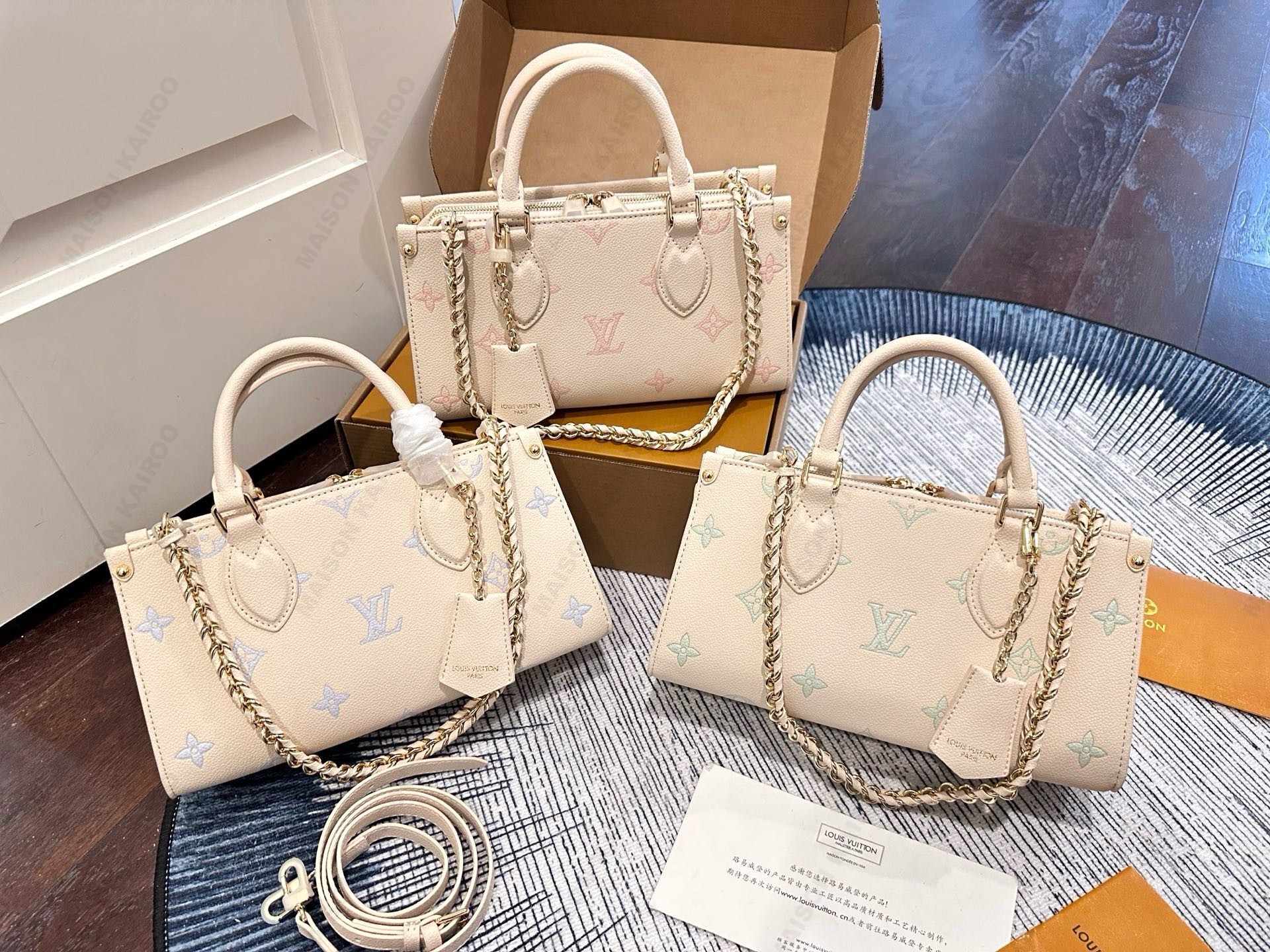 Louis Vuitton LV OnTheGo East West Pastel Monogram Small Embossed Leather Chain Top Handle Tote Bag - KAIROO