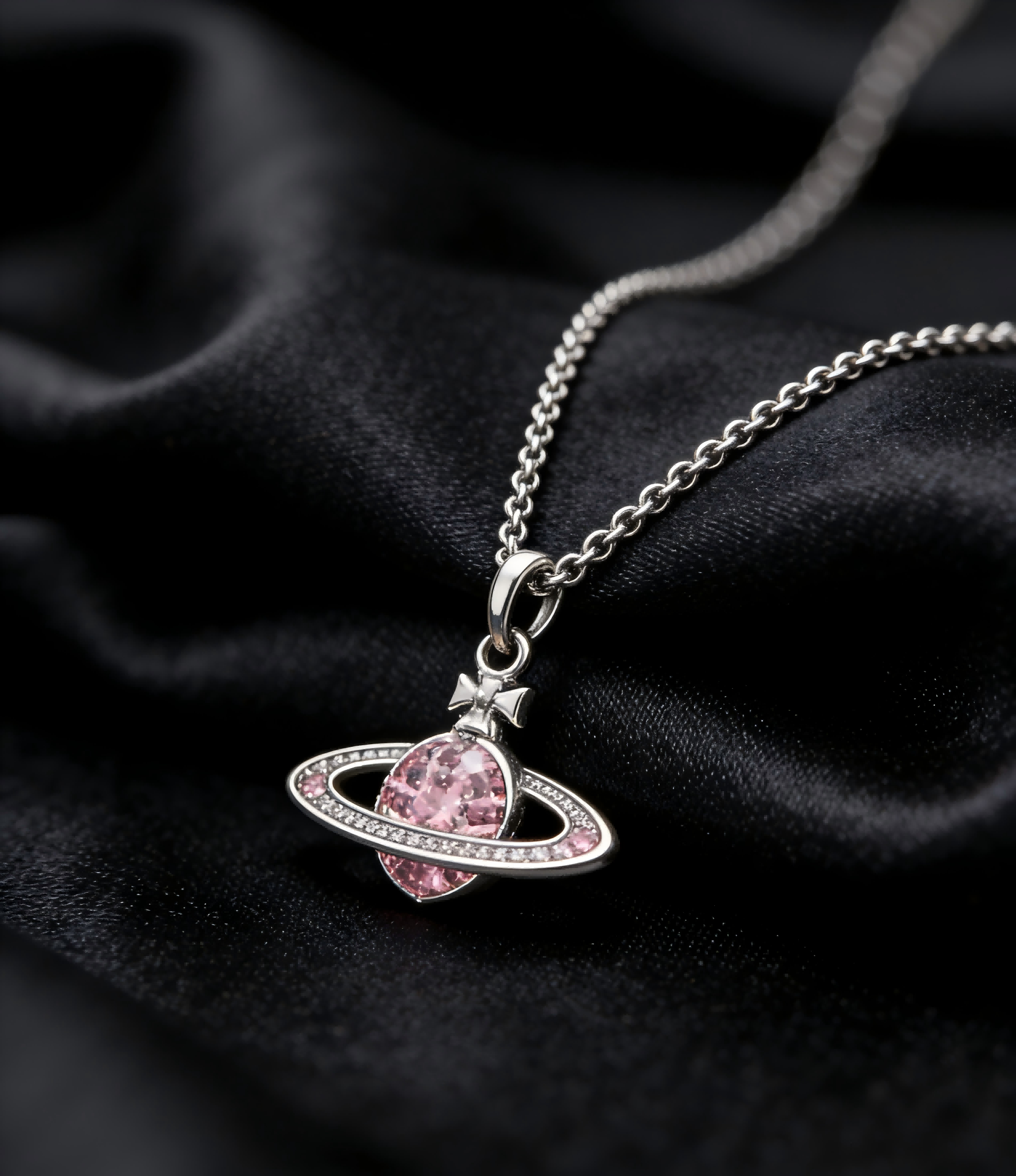 2026 New Vivienne Westwood Style Silver Pink Crystal Saturn Pendant Necklace - Dainty Pink Gem Celestial Jewelry for Women