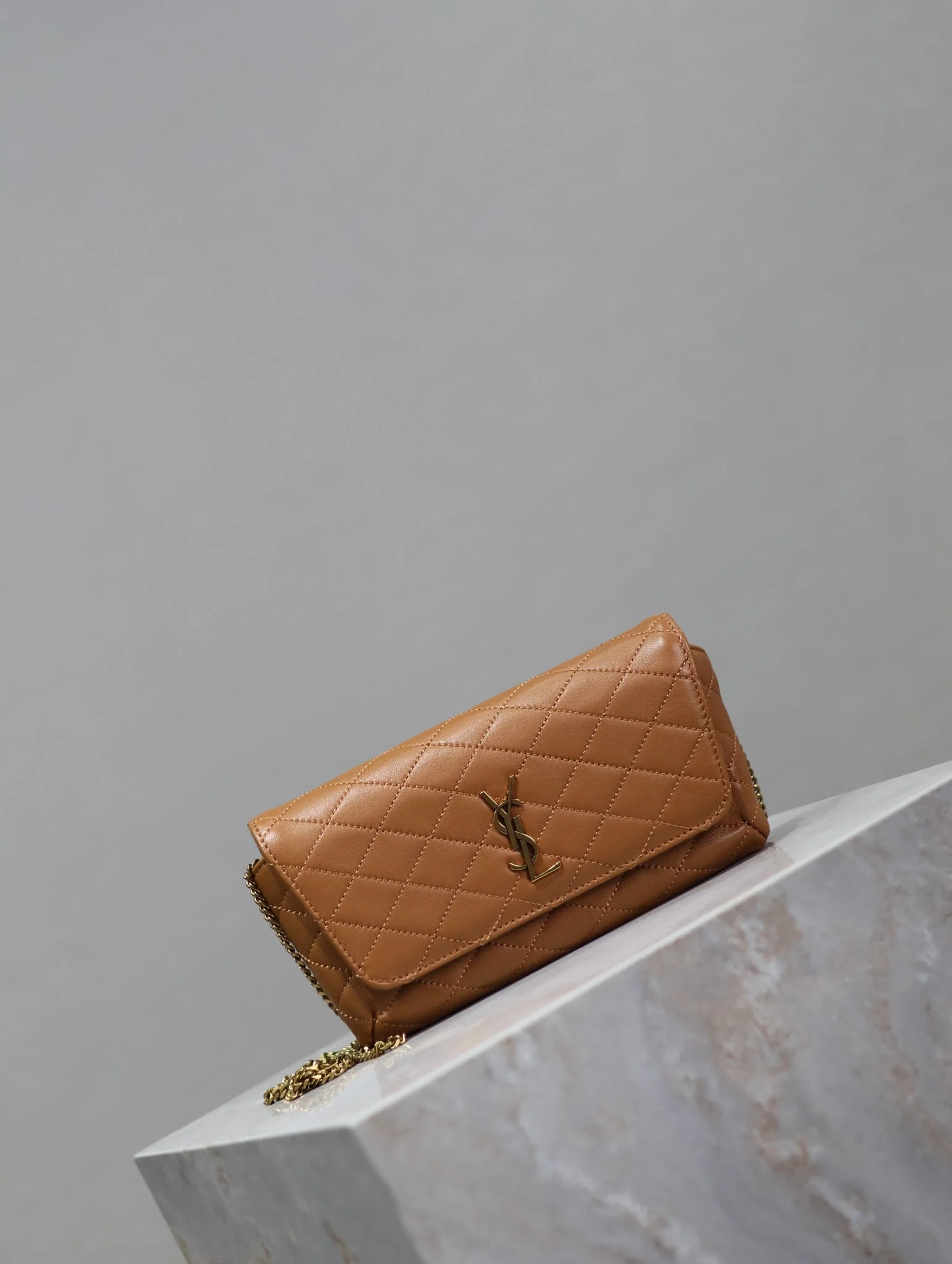 Saint Laurent YSL Gaby Phone Bag 19cm Light Brown Quilted Leather GHW