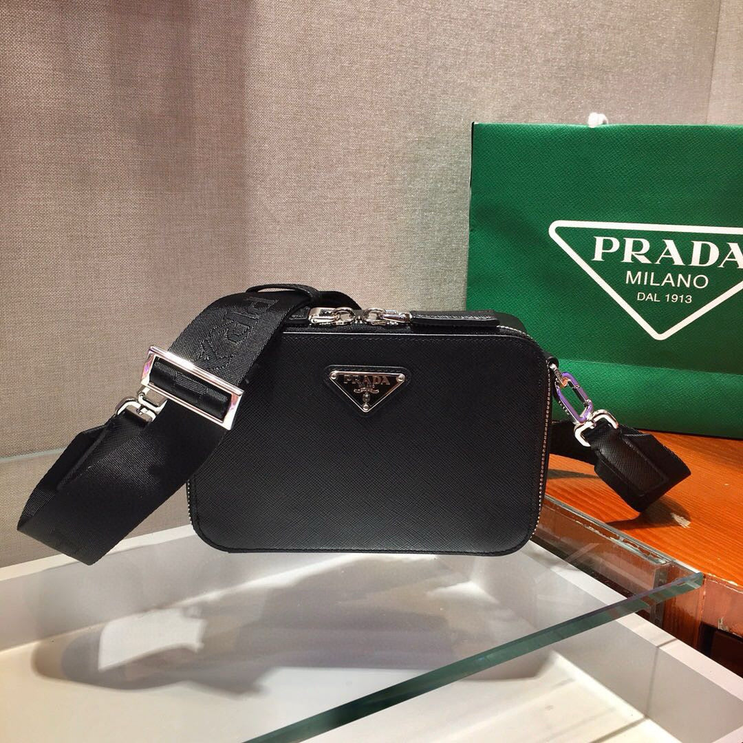 Prada PRA CAMERA BAG 18CM IN BLACK TRIANGLE PATTERN COWHIDE SILVER HARDWARE