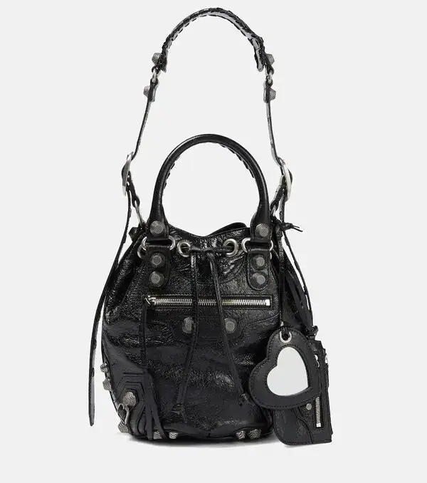 Balenciaga Le Cagole Small Crinkled Arena Leather Heart Mirror & Pouch Bucket Studded Top Handle Bag - KAIROO