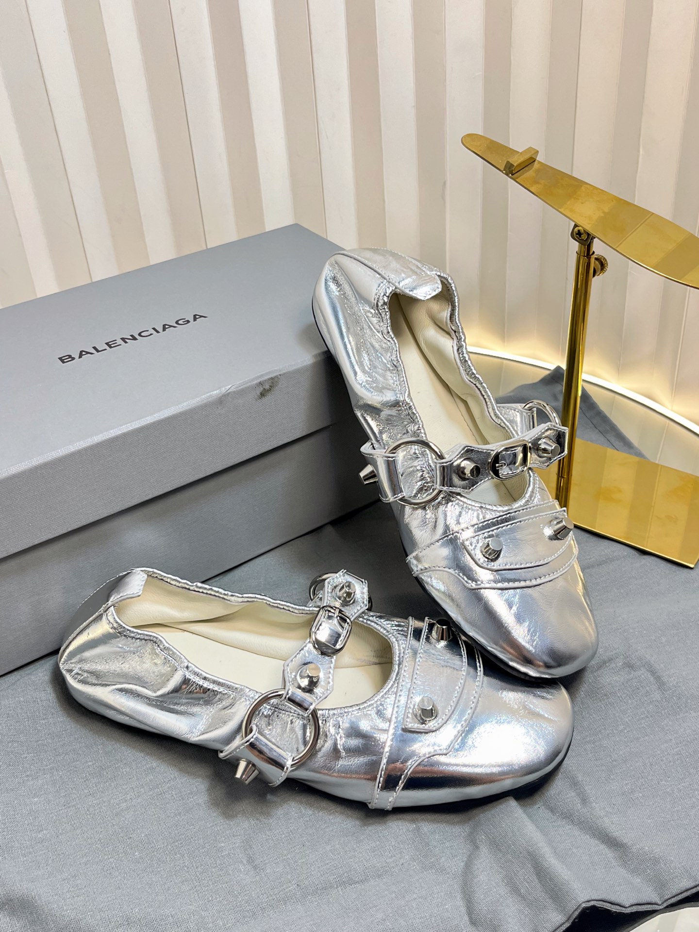 Balenciaga Le Cagole Silver Studded Metallic Arena Leather Buckle Strap Mary Jane Ballerina Flats - KAIROO