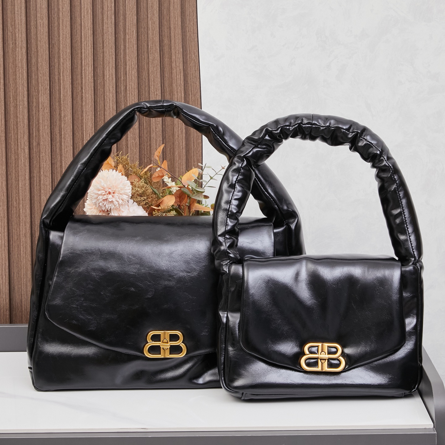 Balenciaga Monaco Black Padded Slouchy Leather BB Logo Puffy Handle Shoulder Tote Bags - KAIROO
