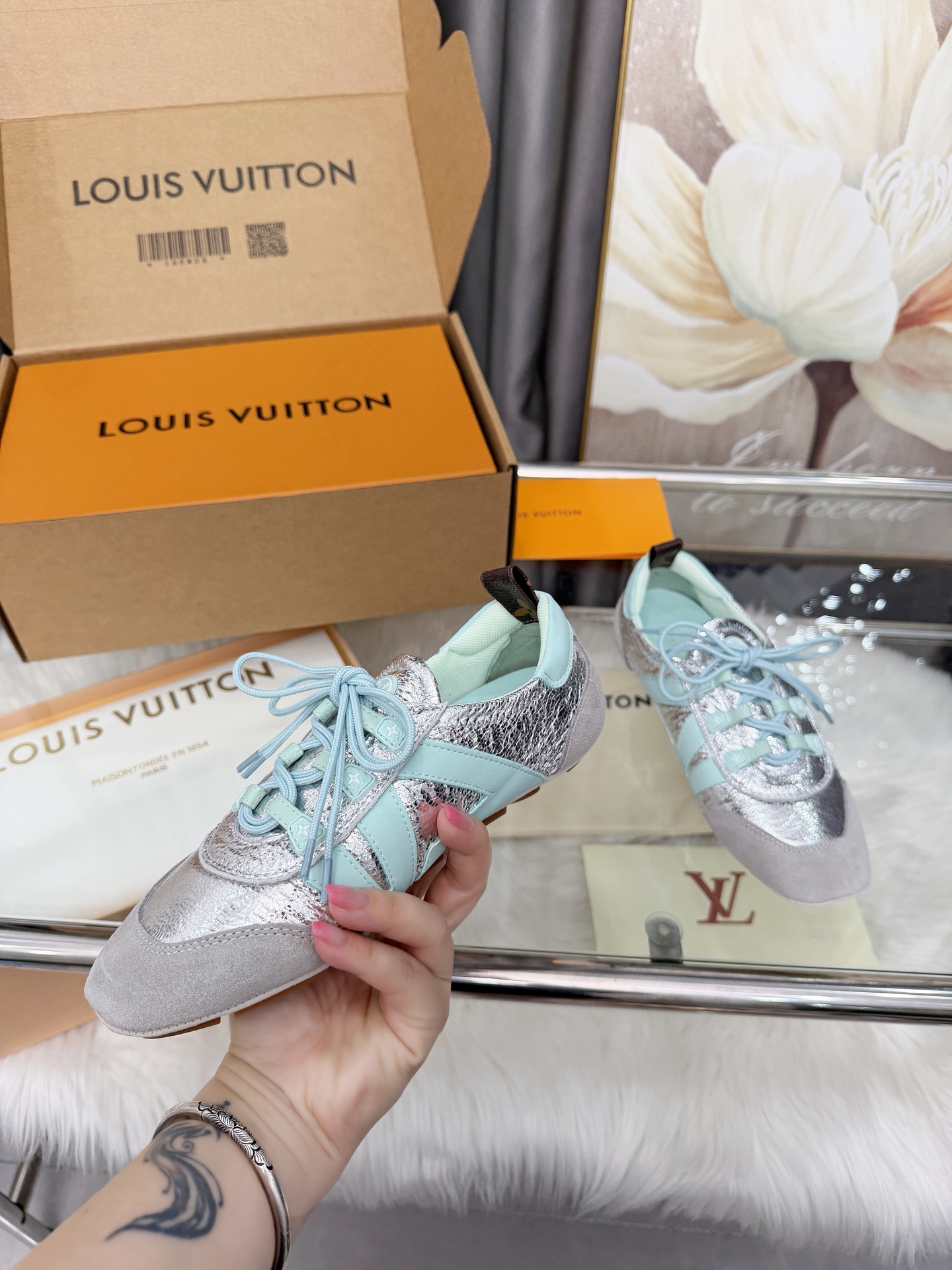Louis Vuitton Footprint Metallic Silver Mint Green Trim Suede Leather Low Top Ballet Sneakers - KAIROO