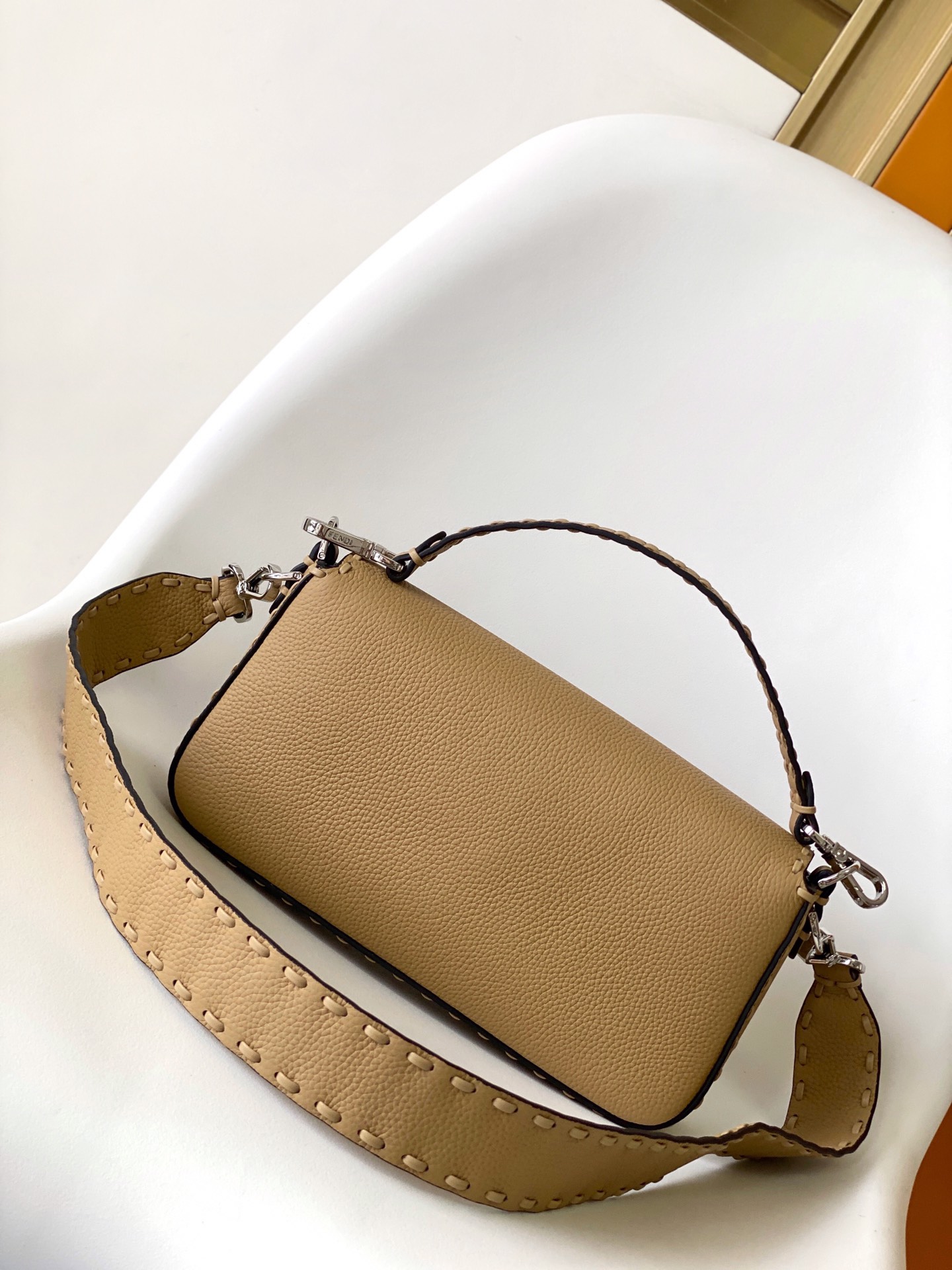 Fendi Medium Selleria Baguette Leather Bag-Beige