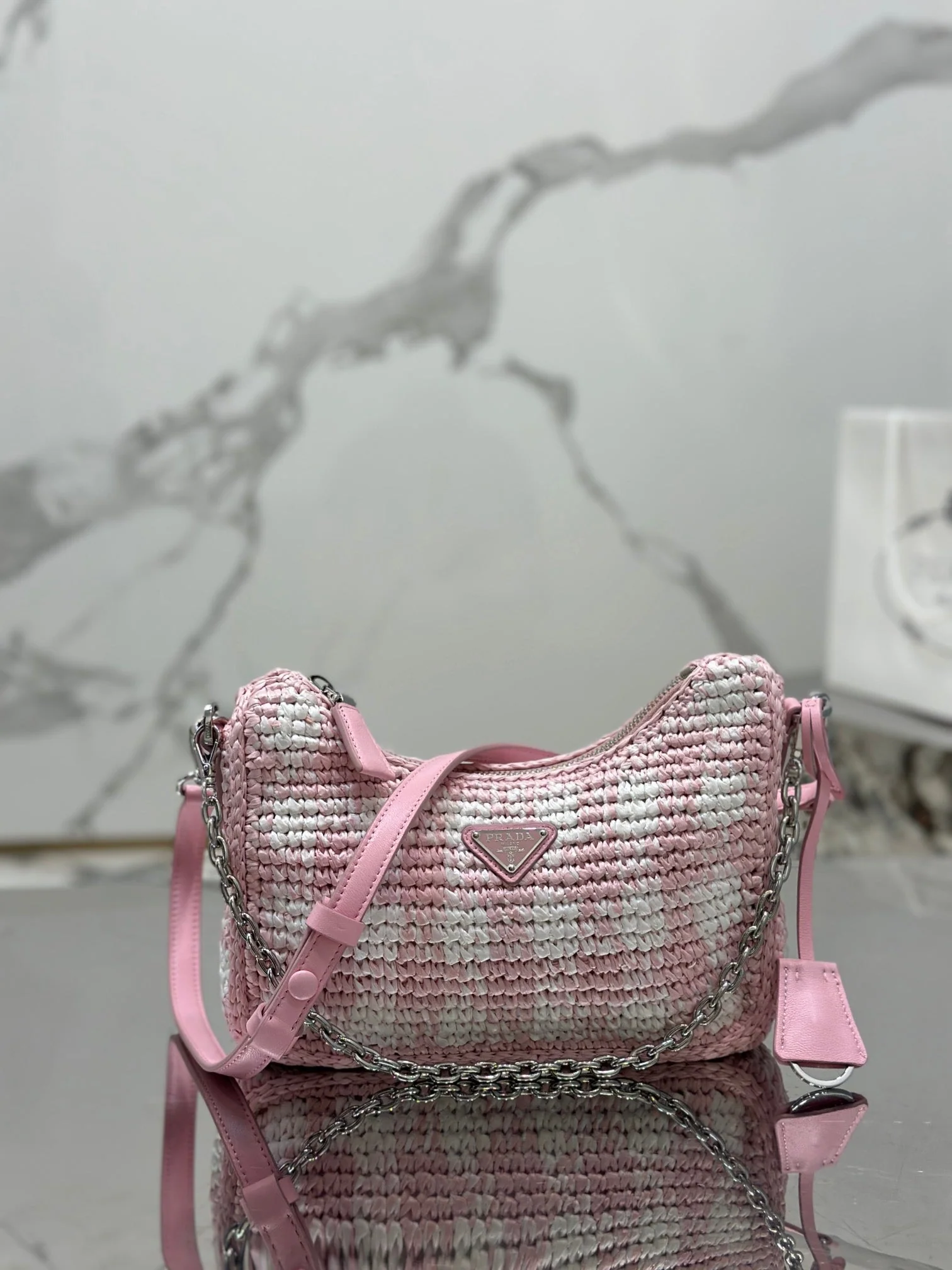 Prada CROCHET HOBO BAG 22 IN PINK MIX WHITE RAFFIA SILVER HARDWARE