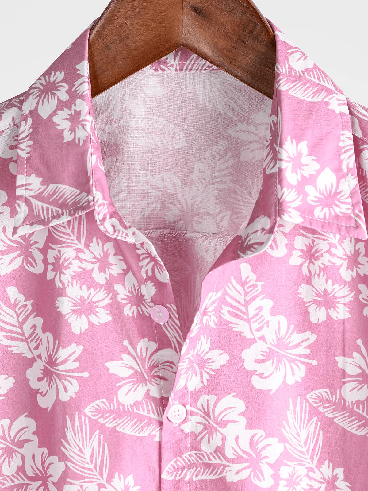 Men's Pink Cotton Hawaiian Floral Summer Button-Up Short Sleeve Shirt