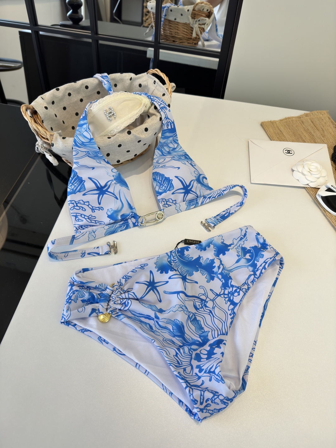 Versace Blue Starfish Coral Print Halter Triangle Bikini Set Swimwear - KAIROO