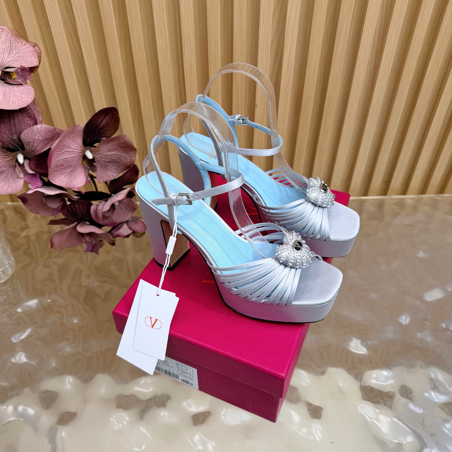 Valentino Garavani Silver VLogo Crystal Brooch Satin Multi Straps Platform Square Toe Chunky Heel Sandals - KAIROO