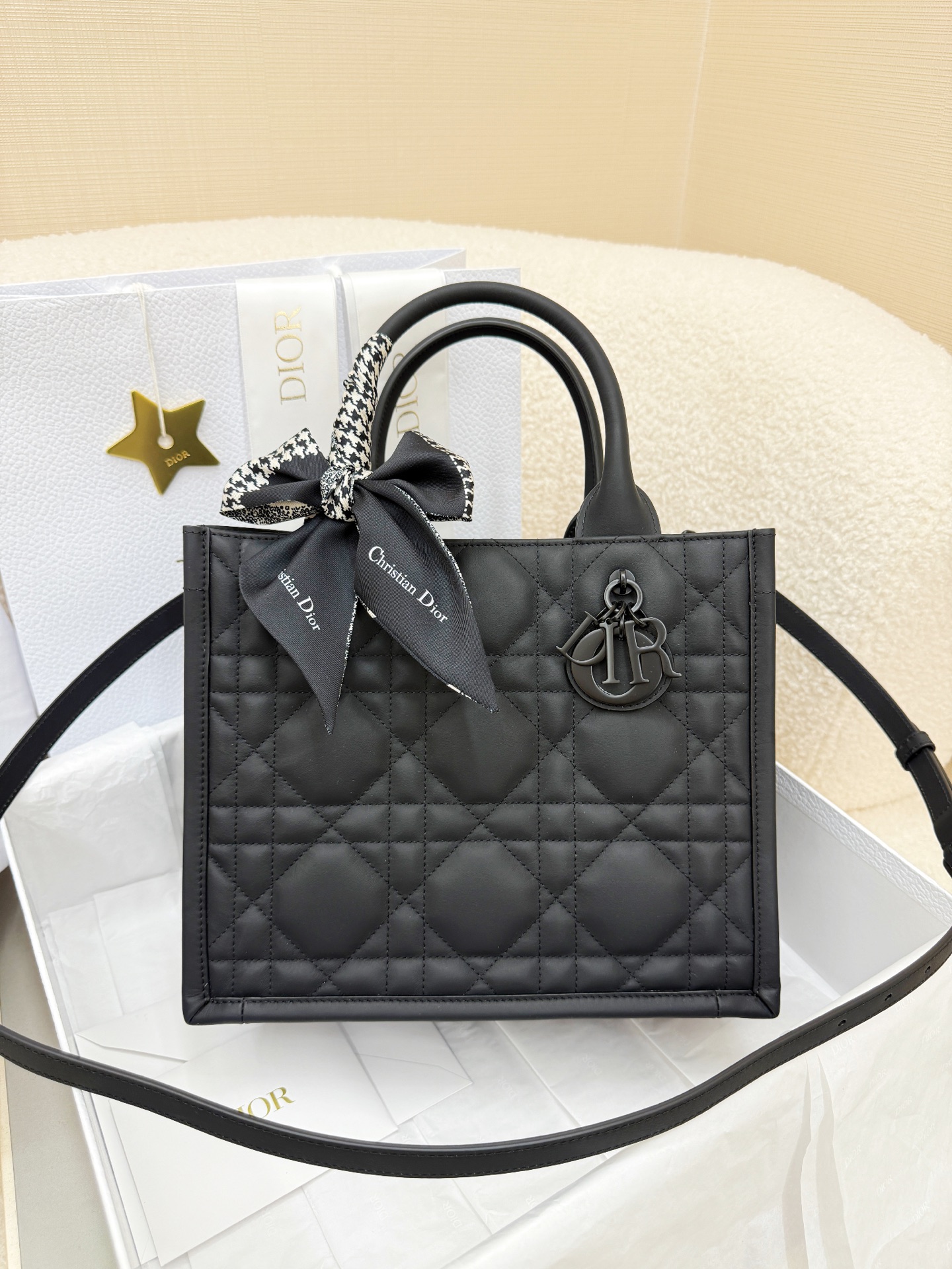 Dior Small Black Leather Book Tote with shoulder strap