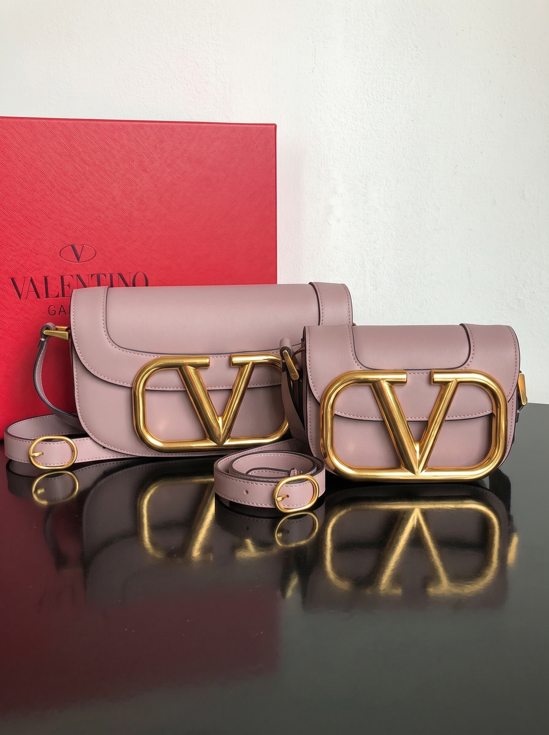 Valentino Mini& Small Oversized VLogo Signature Pink Leather Maxi Gold Hardware Flap Shoulder Bag - KAIROO