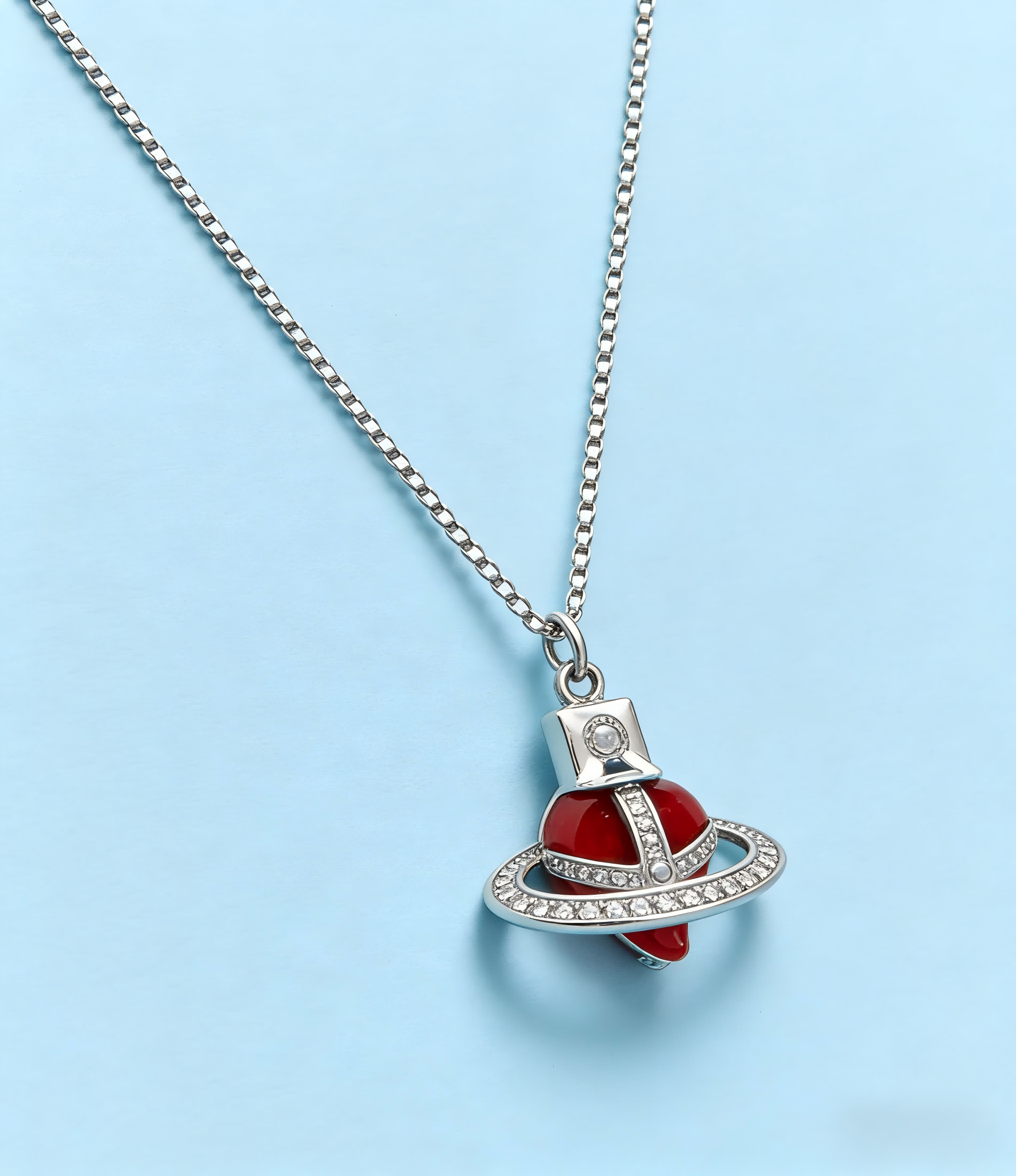 2026 New Vivienne Westwood Style Red Heart Saturn Pendant Necklace - Sparkling Rhinestone Celestial Jewelry for Women