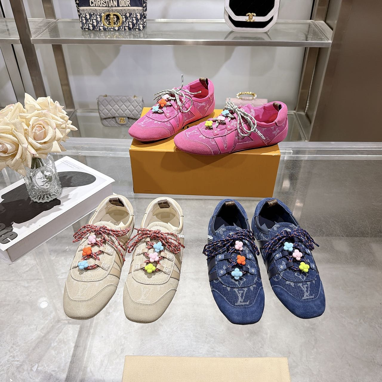 Louis Vuitton Monogram Denim Flower Beads Run Away Lace Up Low Top Ballet Runner Sneakers - KAIROO