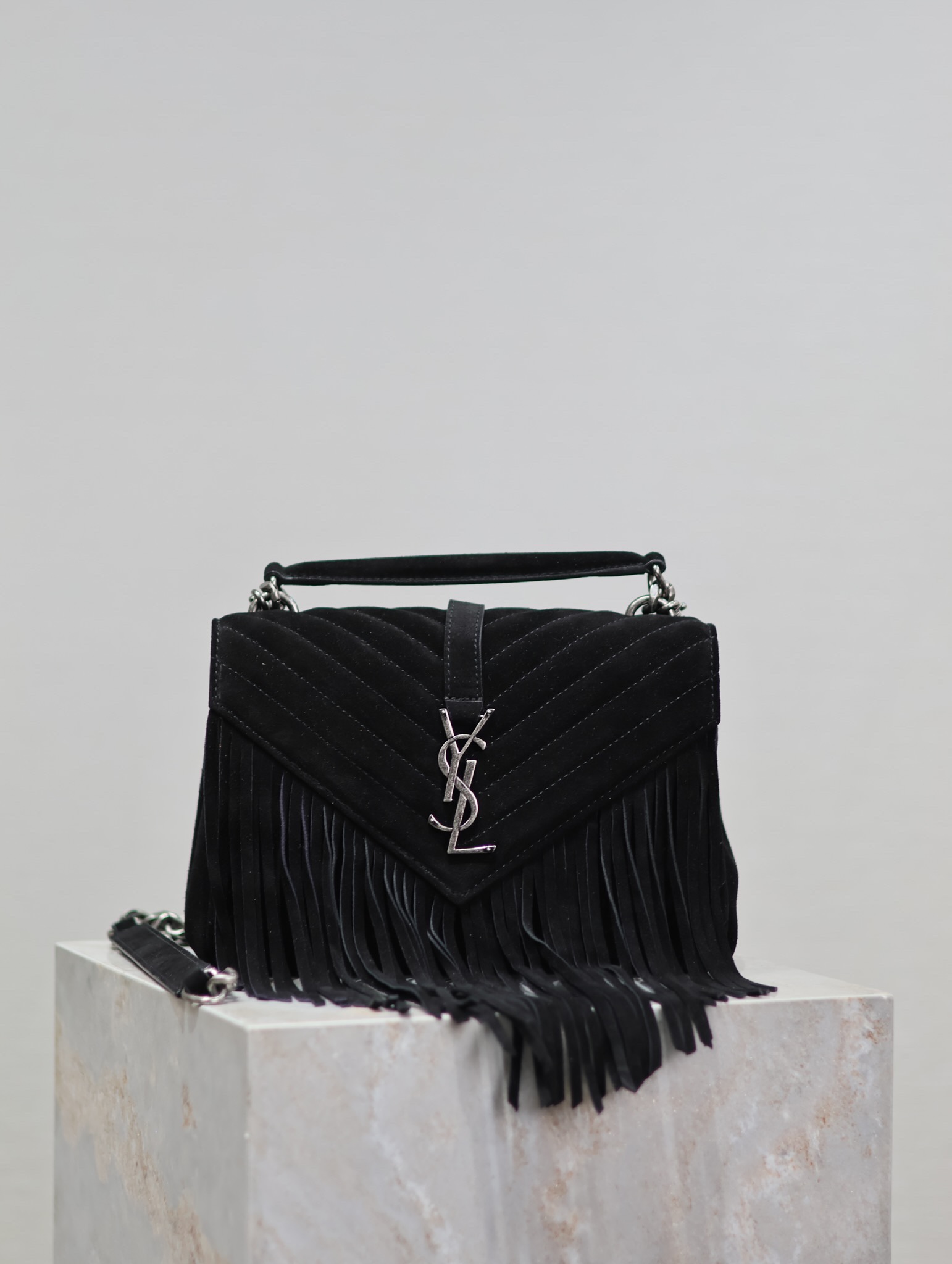 【10A】Saint Laurent Black Fringe College Matelassé Suede Chevron Quilted YSL Silver Logo Top Handle Bag - KAIROO