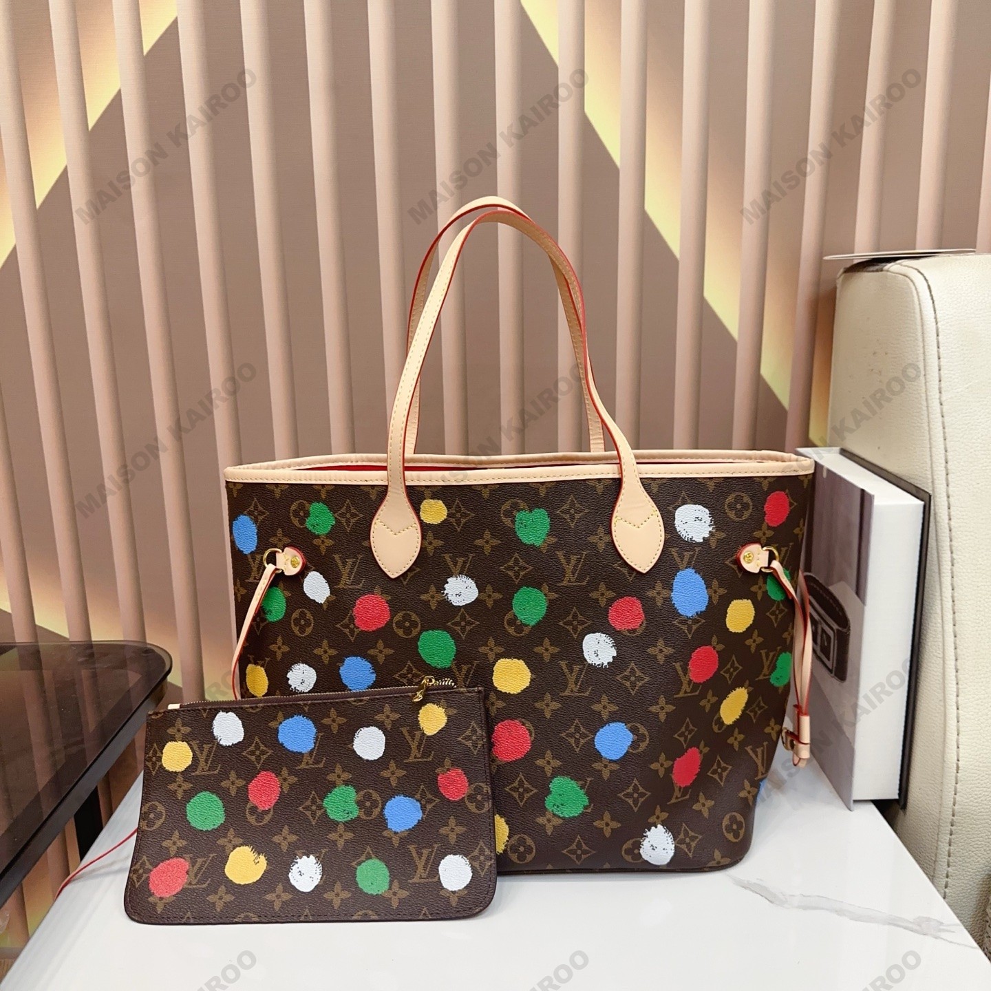 Louis Vuitton LV x YK Neverfull MM Multicolor Painted Dot Monogram Canvas Shopping Tote Bag With Pouch - KAIROO