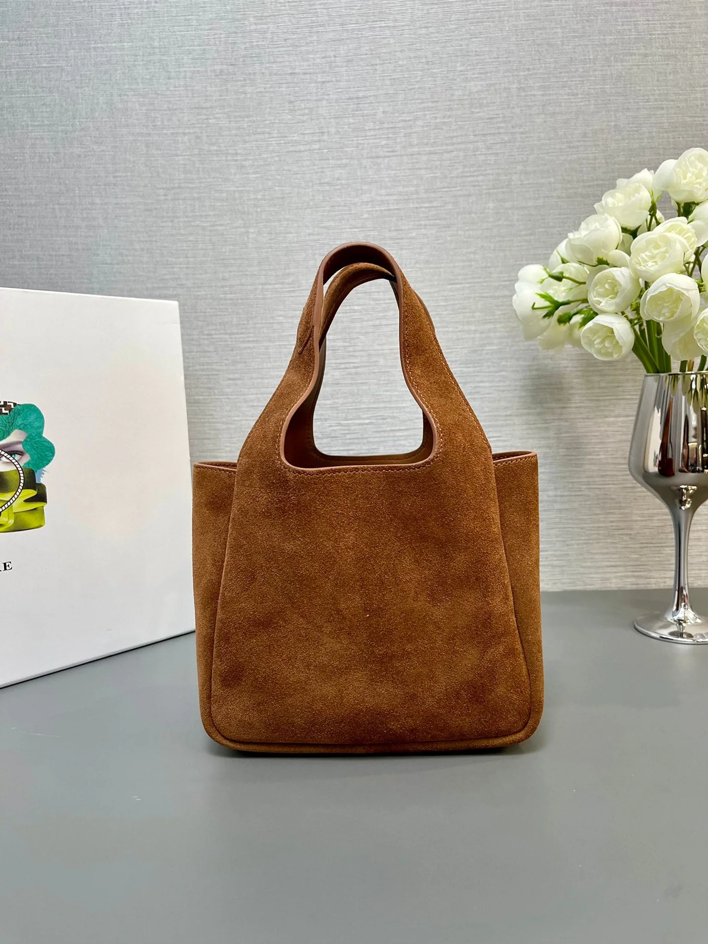 Prada  MINI TOTE BAG 18 IN RED BROWN SUEDE GOLD LOGO