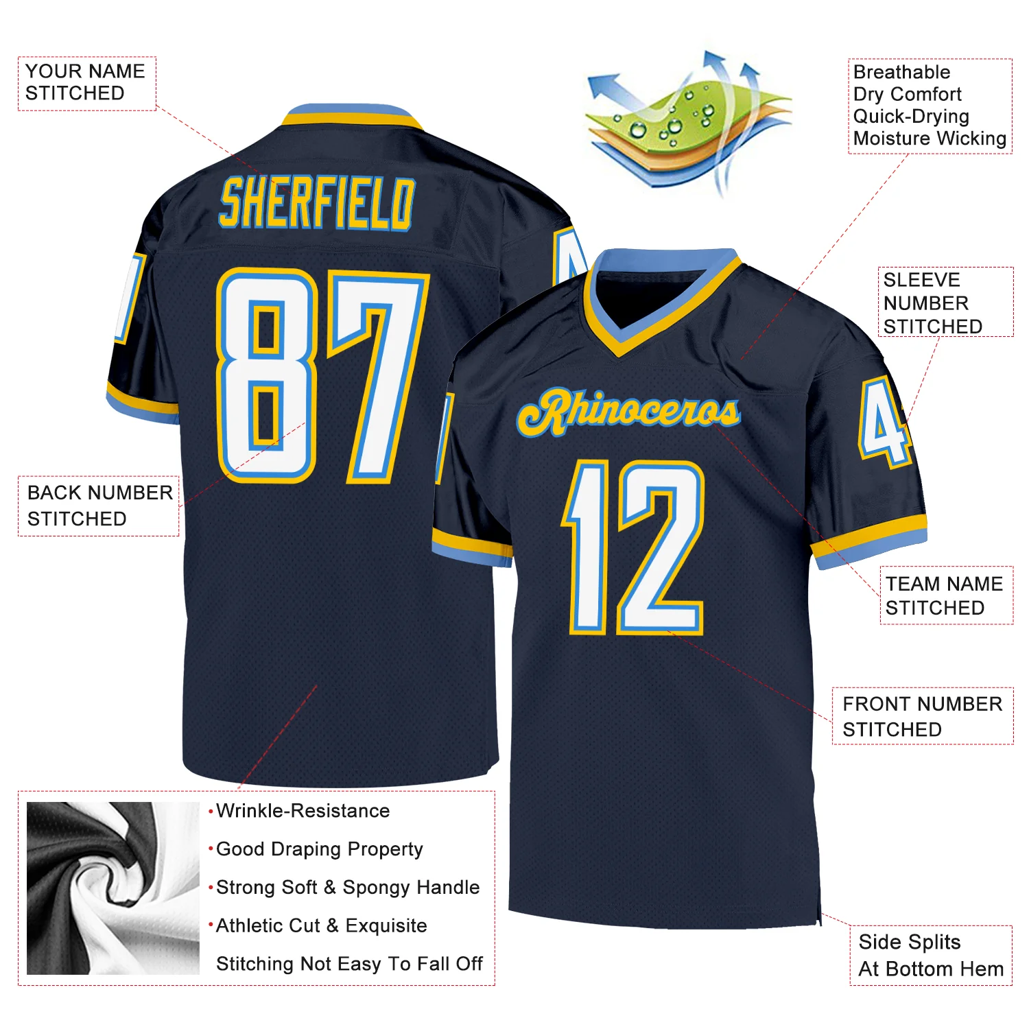 Custom Navy White-Powder Blue Mesh Authentic Throwback Football Jersey