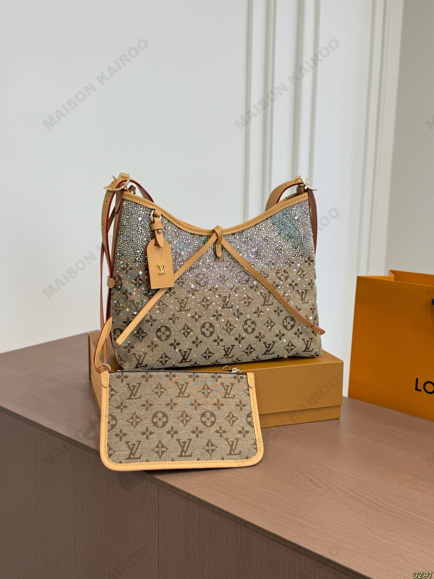 Louis Vuitton LV Carryall PM Gradient Crystal Monogram Canvas Bow Hobo Tote Shoulder Bag With Pouch - KAIROO