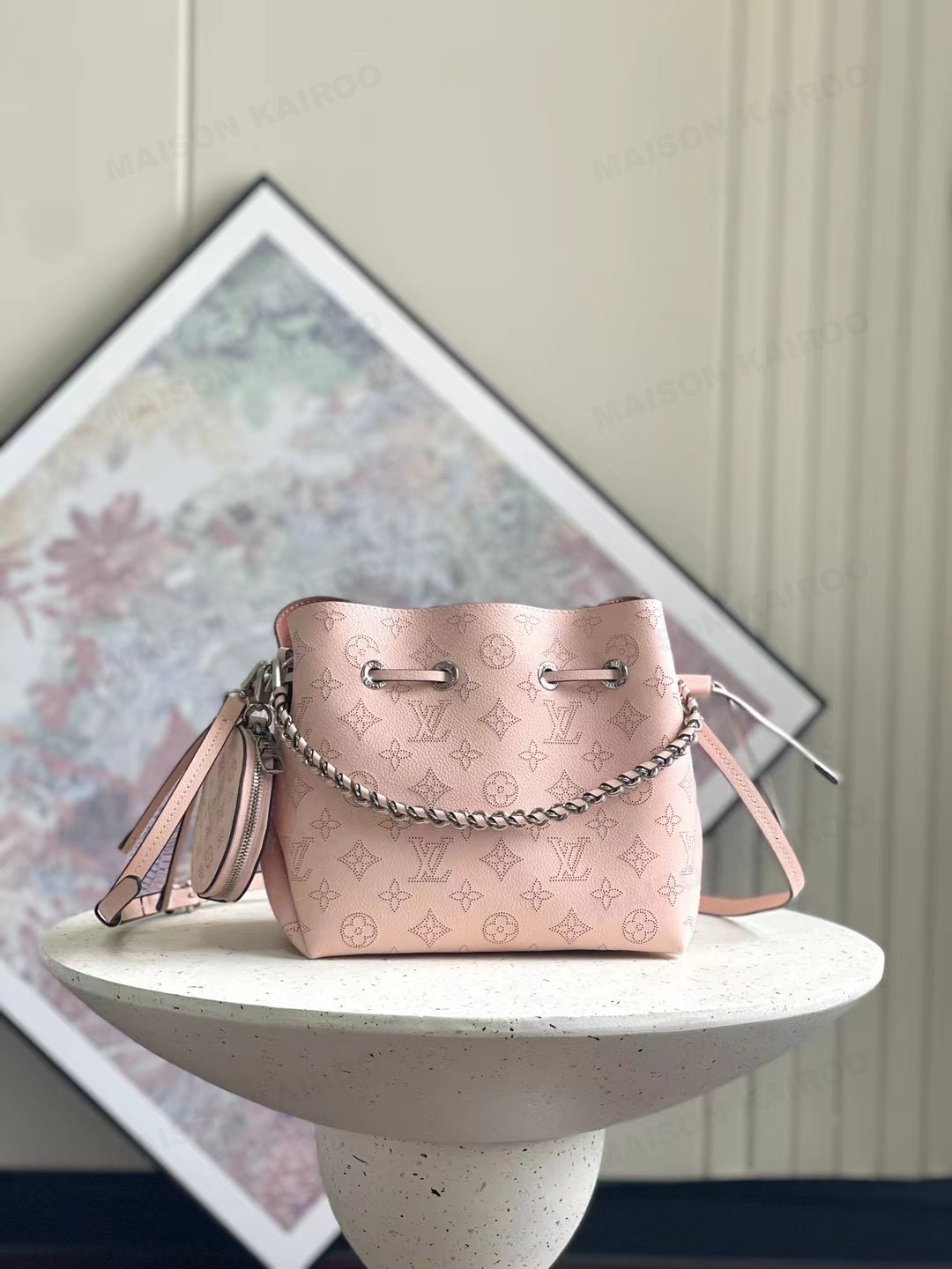 【10A】Louis Vuitton LV Mahina Bella Light Pink Perforated Monogram Leather Drawstring Bucket Shoulder Bag - KAIROO