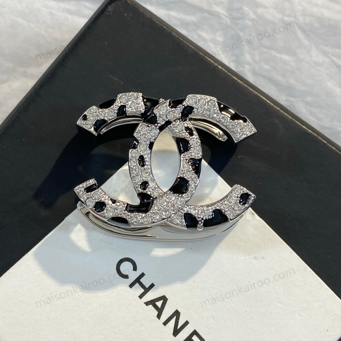 Chanel 24P Black White Enamel Crystal Double C Brooch - KAIROO