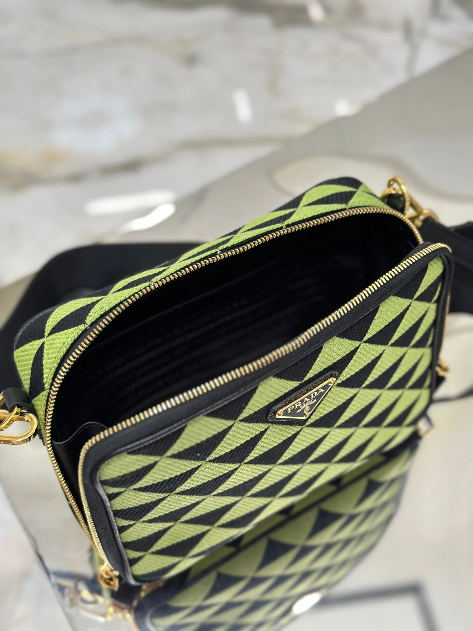 Prada MESSENGER BAG 22 IN OCADO GREEN AND BLACK EMBROIDERED FABRIC GOLD HARDWARE