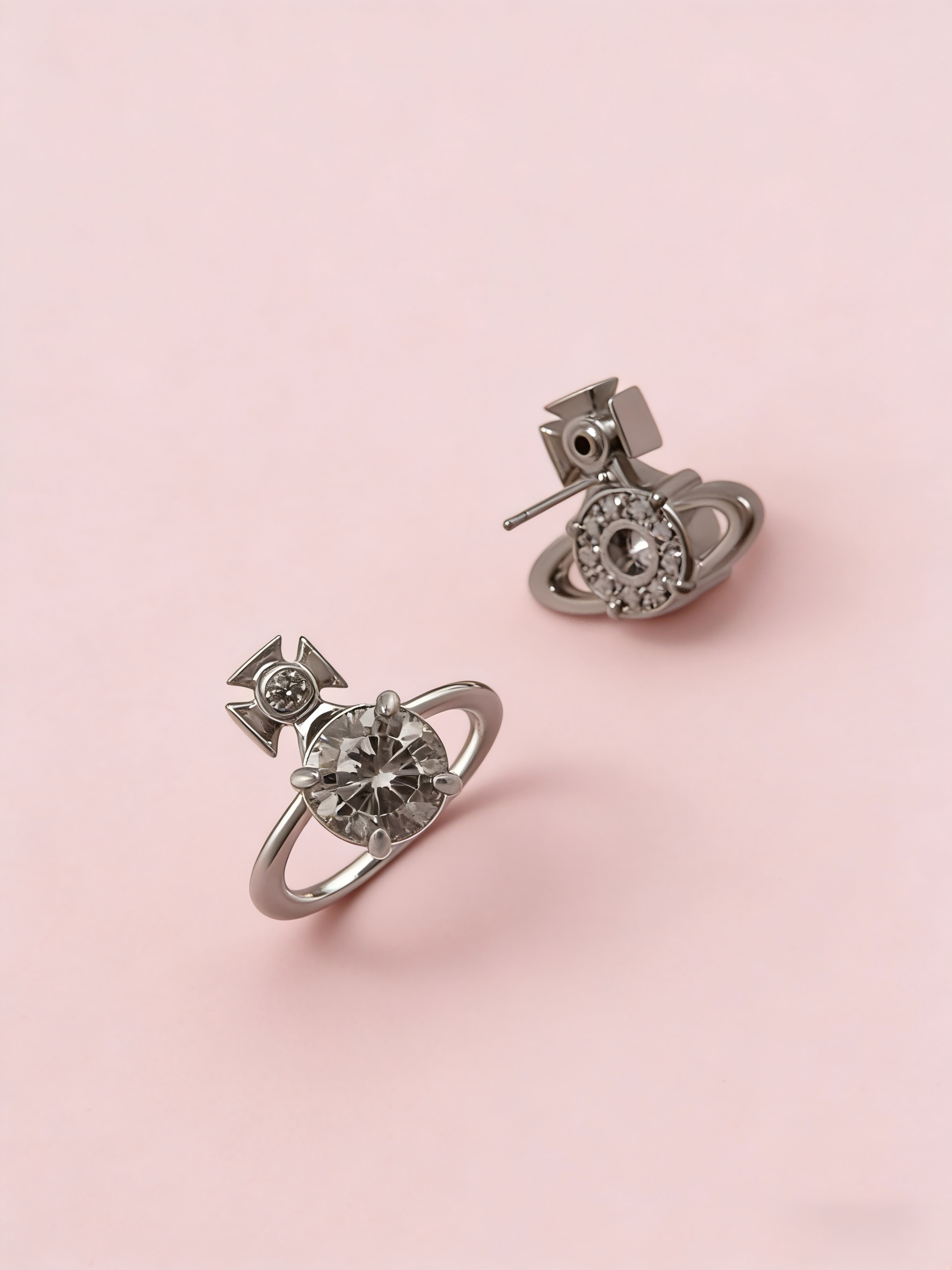 2026 New Gunmetal Crystal Orb Stud Earrings, Edgy Saturn Design, Minimalist Punk Jewelry for Daily Wear