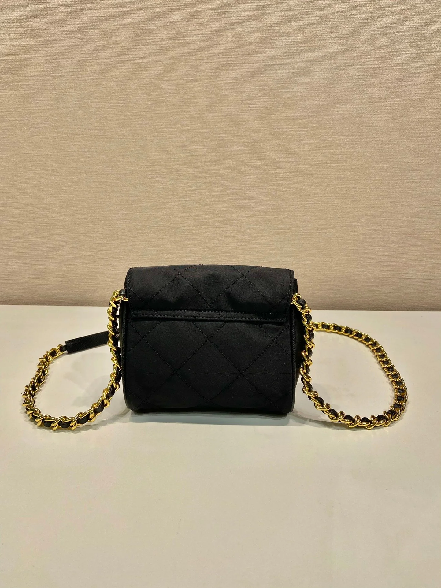 Prada MINI QUILTED FLAP BAG 14 IN BLACK RE-NYLON FABRIC GOLD CHAIN