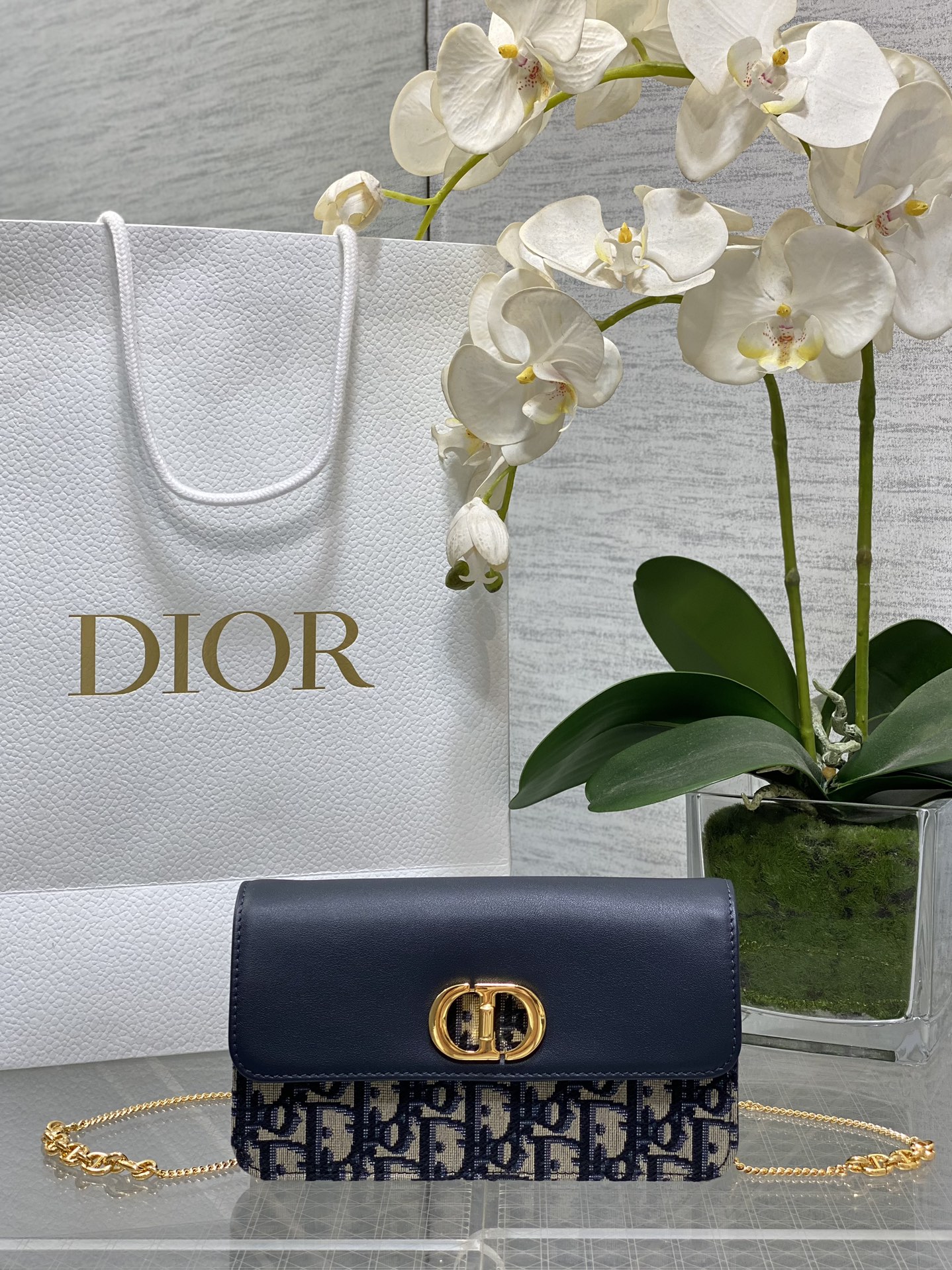 Dior Caro Chain Wallet in Blue Oblique canvas and calfskin